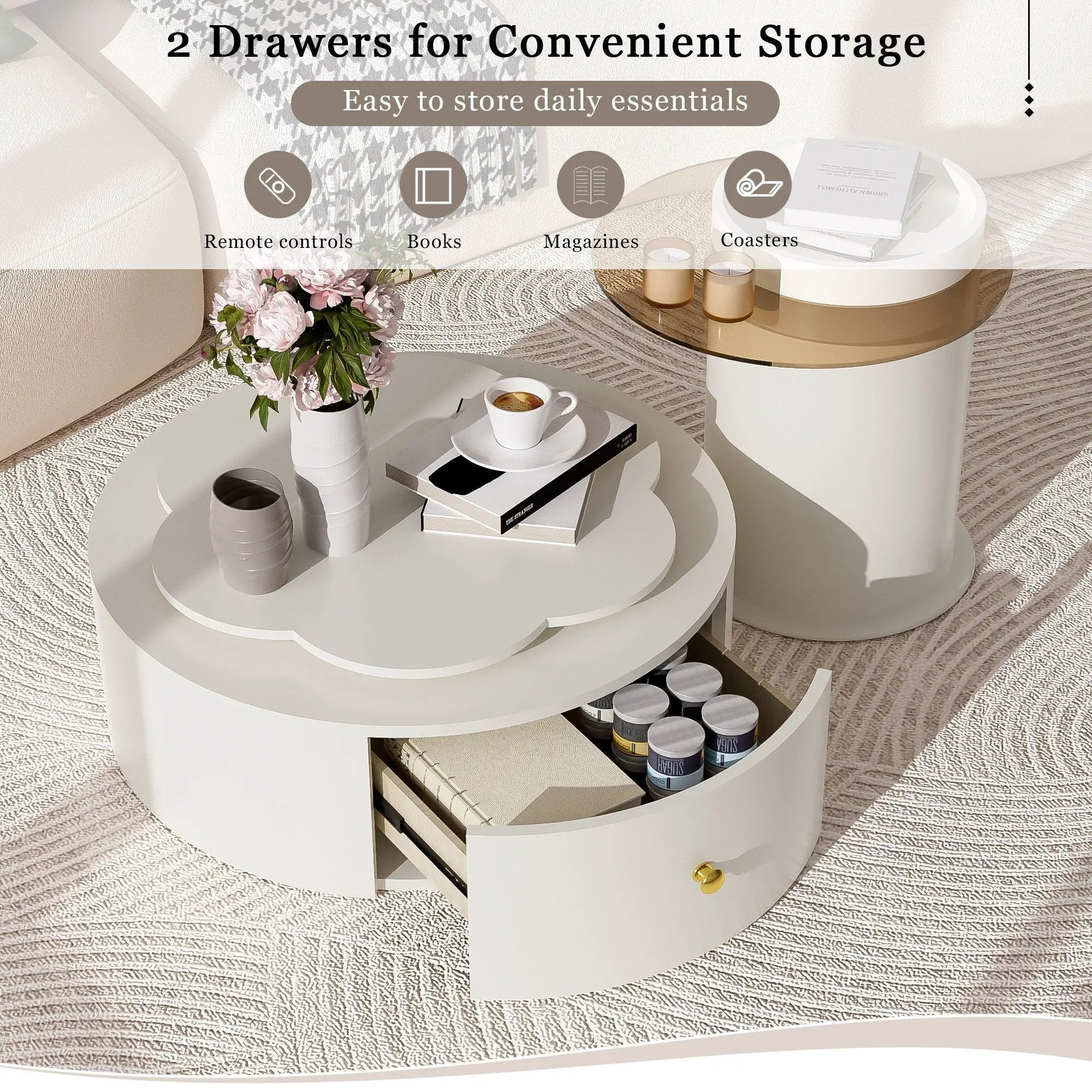 Modern Round Coffee Table (Set of 2), 360 Degree Rotatable Flower Shaped Top With 2 Drawers, Top Circle Side Table End Table With Glass For Living Room - Off White by HouseOfZazla