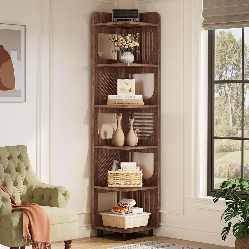 6 Tier Narrow Corner Bookshelf Storage For Living Room - Brown by HouseOfZazla