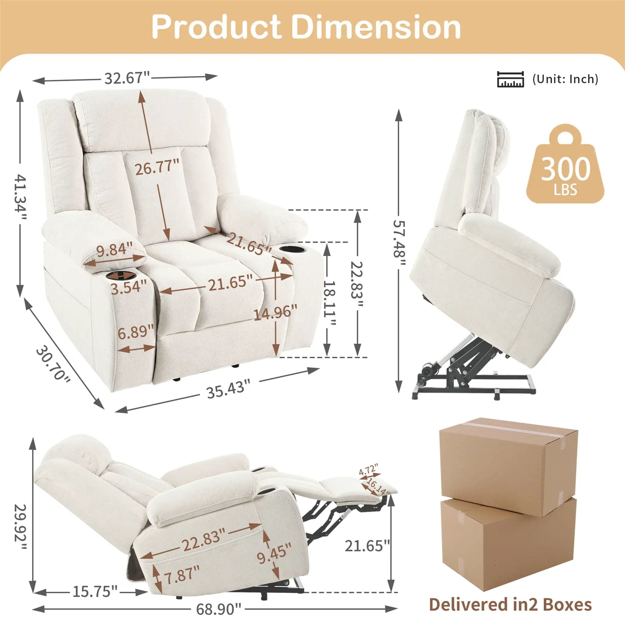 Power Lift Recliner Chair With Extended Footrest, Remote Control, Cup Holders, And Side Pockets by Unique Piece Furniture