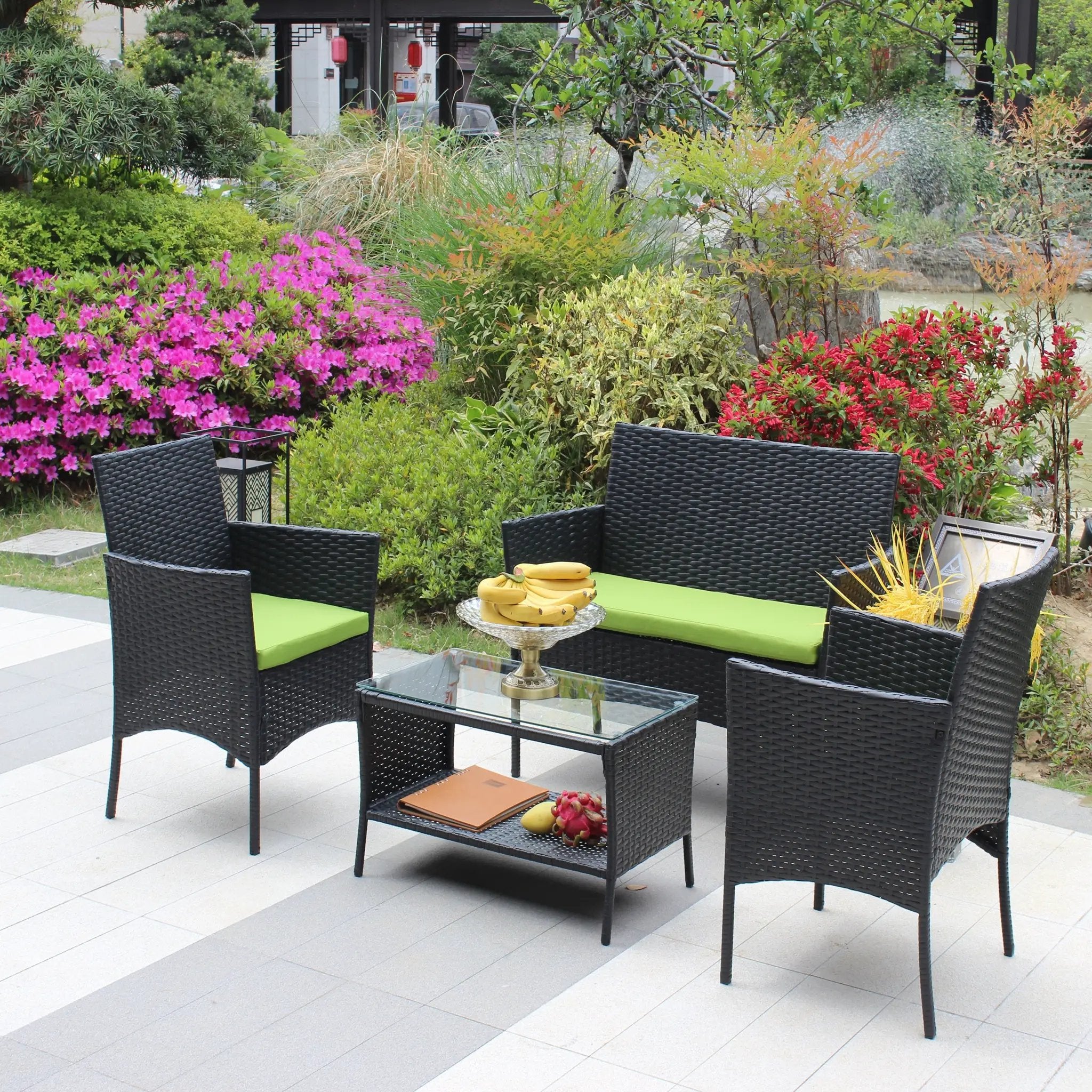 4 PC Rattan Patio Furniture Set Outdoor Cushioned Wicker Sofa Green Cushion by HouseOfZazla