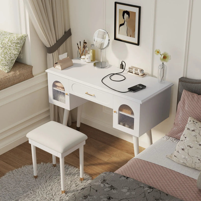 Elegant Vanity Makeup Table & Chair Set Modern Dressing Table With Organizer Writing Desk Charging Port Engineered Wood - White by HouseOfZazla