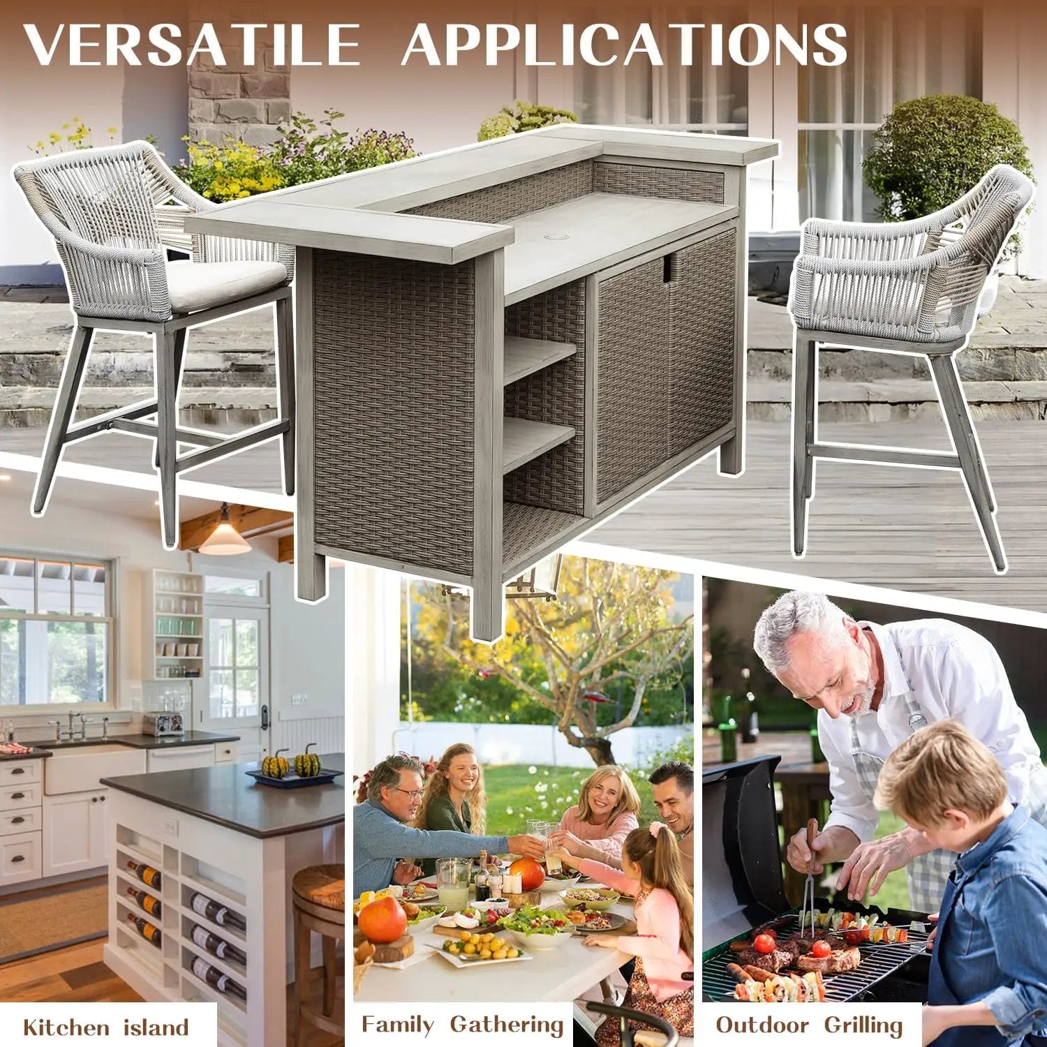 Outdoor Home Bar Unit Set of 3, All-Weather Wicker & Aluminum Frame by HouseOfZazla