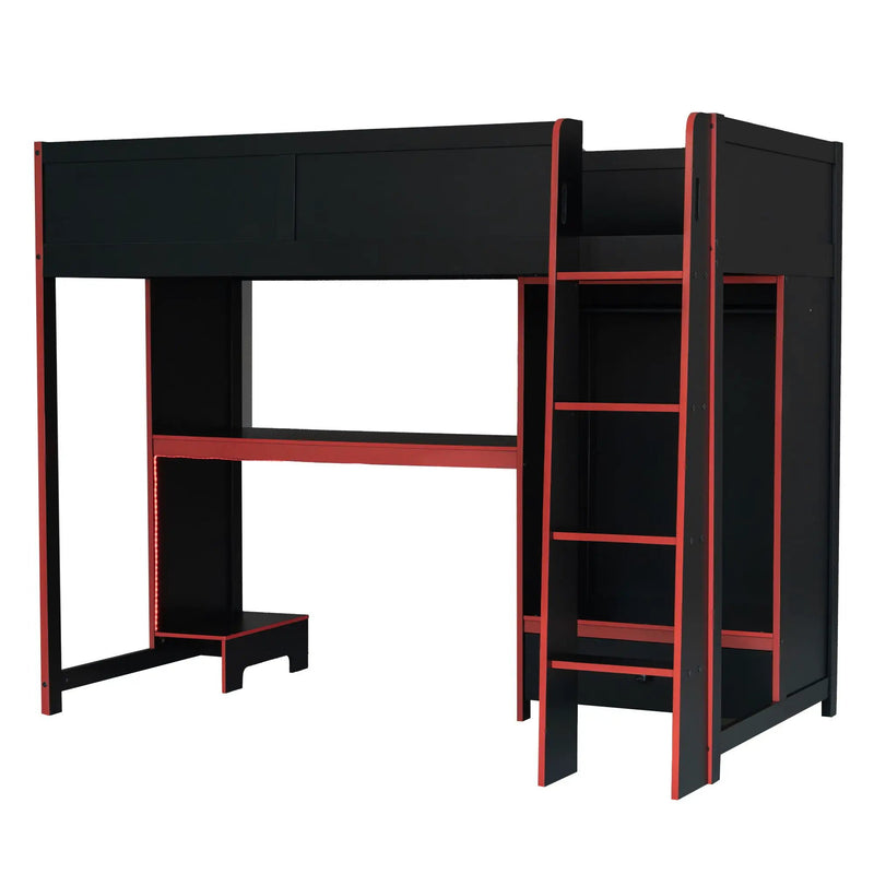 Gaming Loft Bed With Built In Desk, Wardrobe, LED Lighting And Drawer