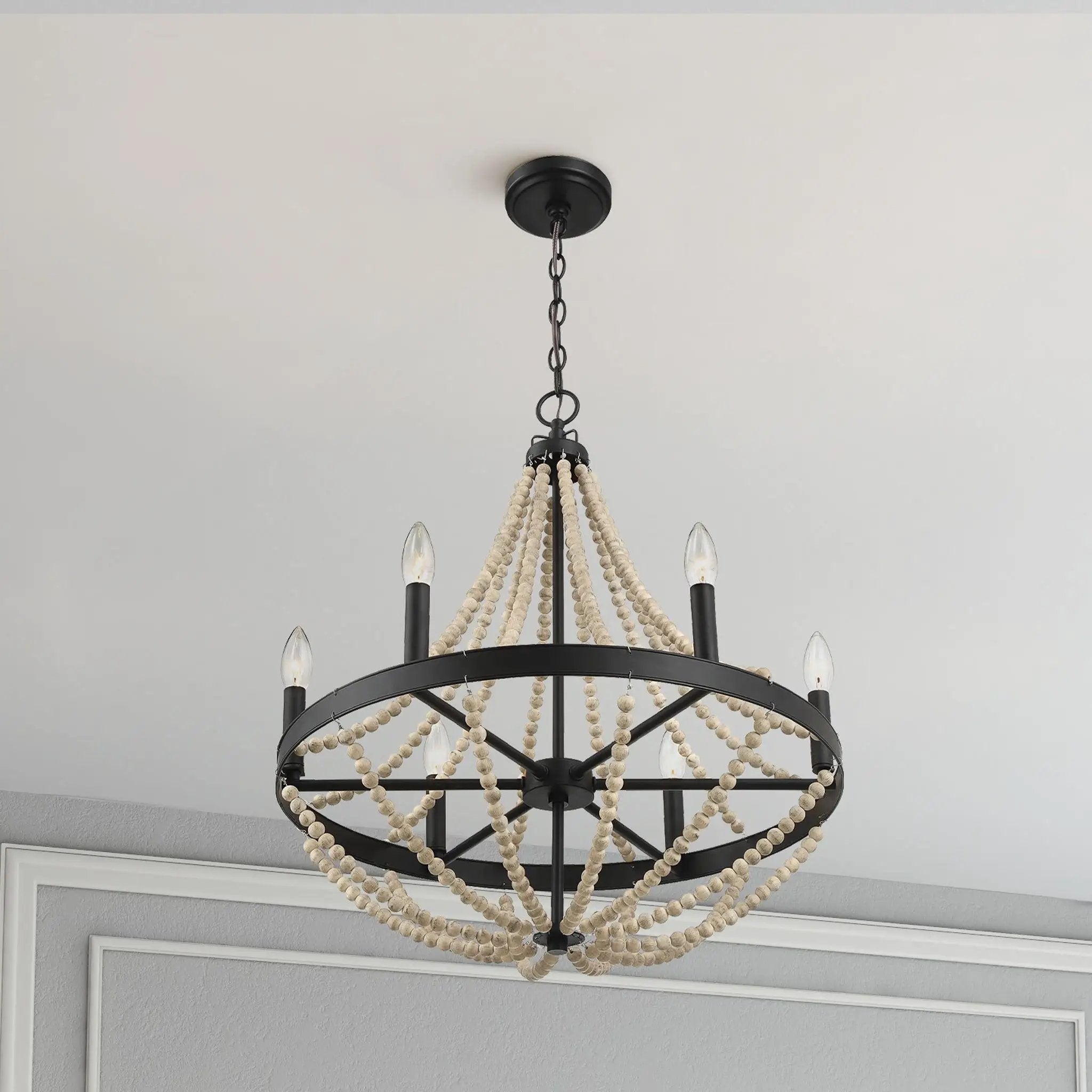 Starry - Chandelier 6 Candle Light Wood Beaded Pendant Light For Dining Room - Black / Clear by Unique Piece Furniture