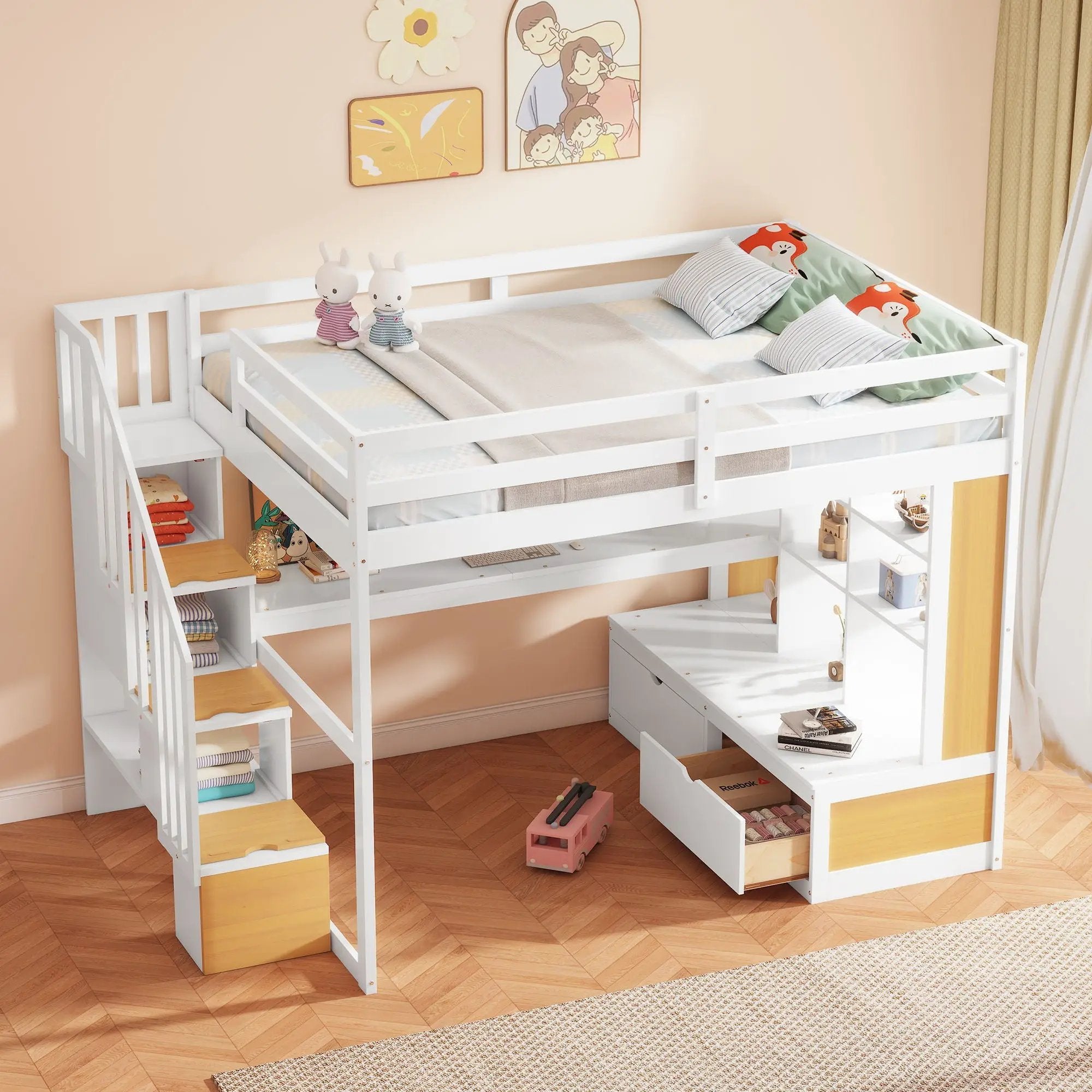 Full Size Loft Bed With Desk And Shelves, 2 Built In Drawers, Storage Staircase - Natural / White by Unique Piece Furniture