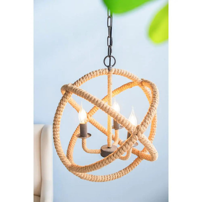 3 Light Farmhouse Chandelier, Rope Chandelier Globe Hanging Light Fixture With With Adjustable Chain For Kitchen, Bulb Not Included - Beige Brown by HouseOfZazla