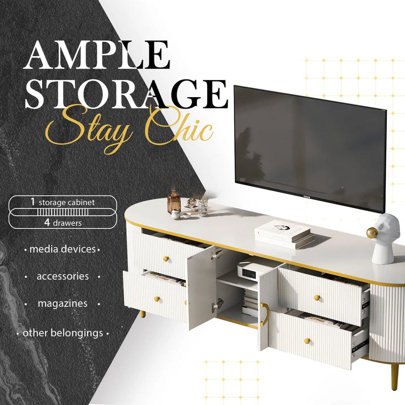 Modern TV Stand For TVs Up To 80", Entertainment Center With 4 Drawers And 1 Cabinet, Wood TV Console Table With And Handles For Living Room - White by HouseOfZazla