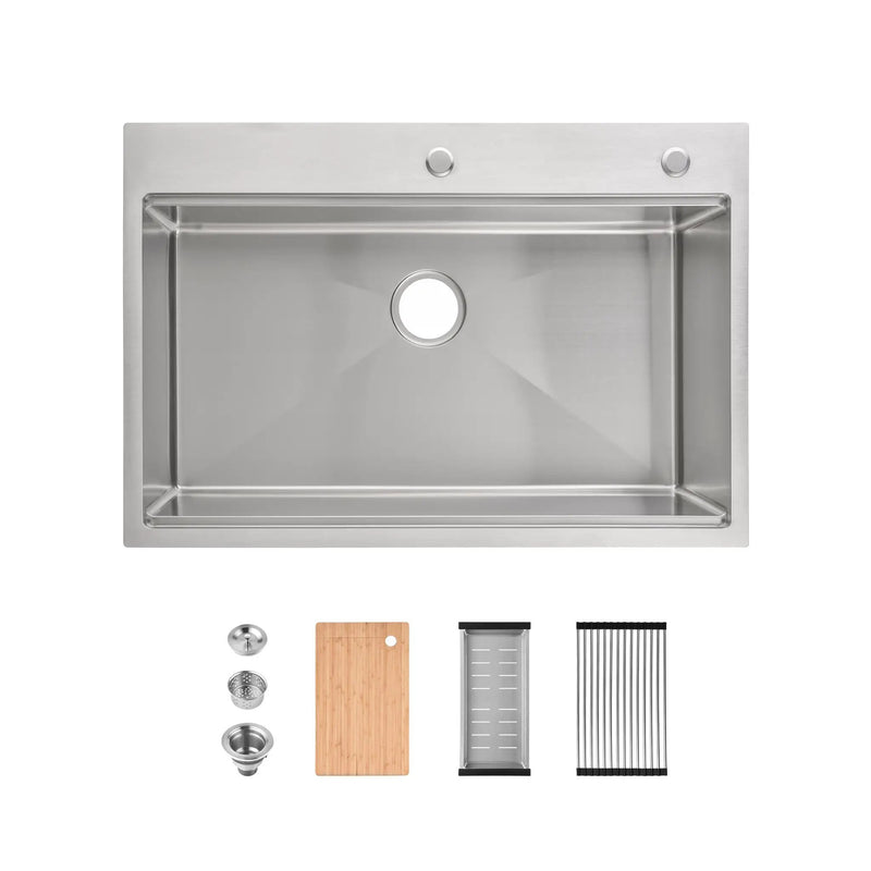 Stainless Steel Kitchen Sink, 33”x22” Single Bowl, Overmount, Brushed Finish by HouseOfZazla
