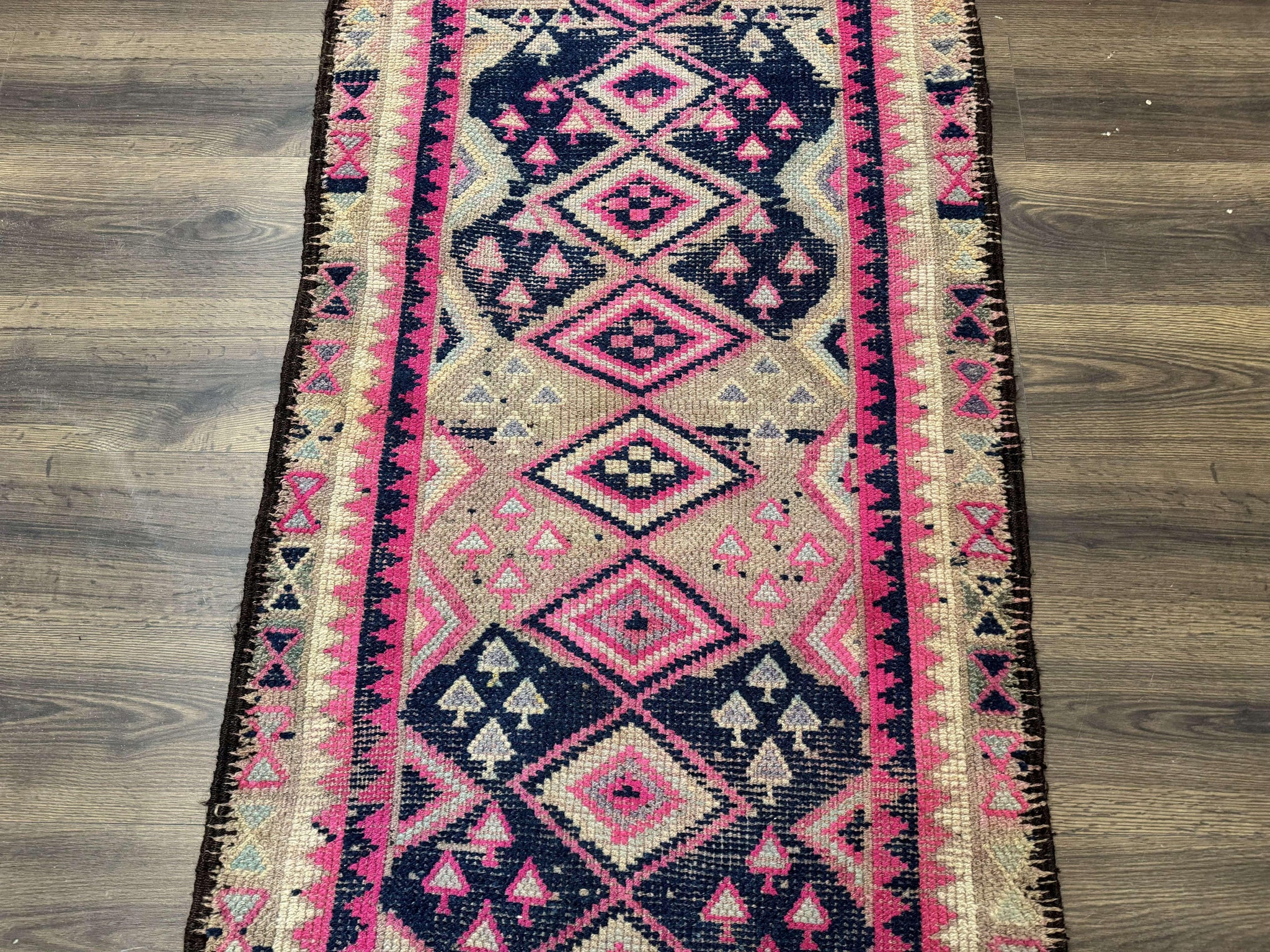 Turkish Runner Rug 3x10, Pink and Navy Blue, Bohemian Runner for Hallway or Kitchen, Vintage, Geometric, Tribal by Jewel Rugs