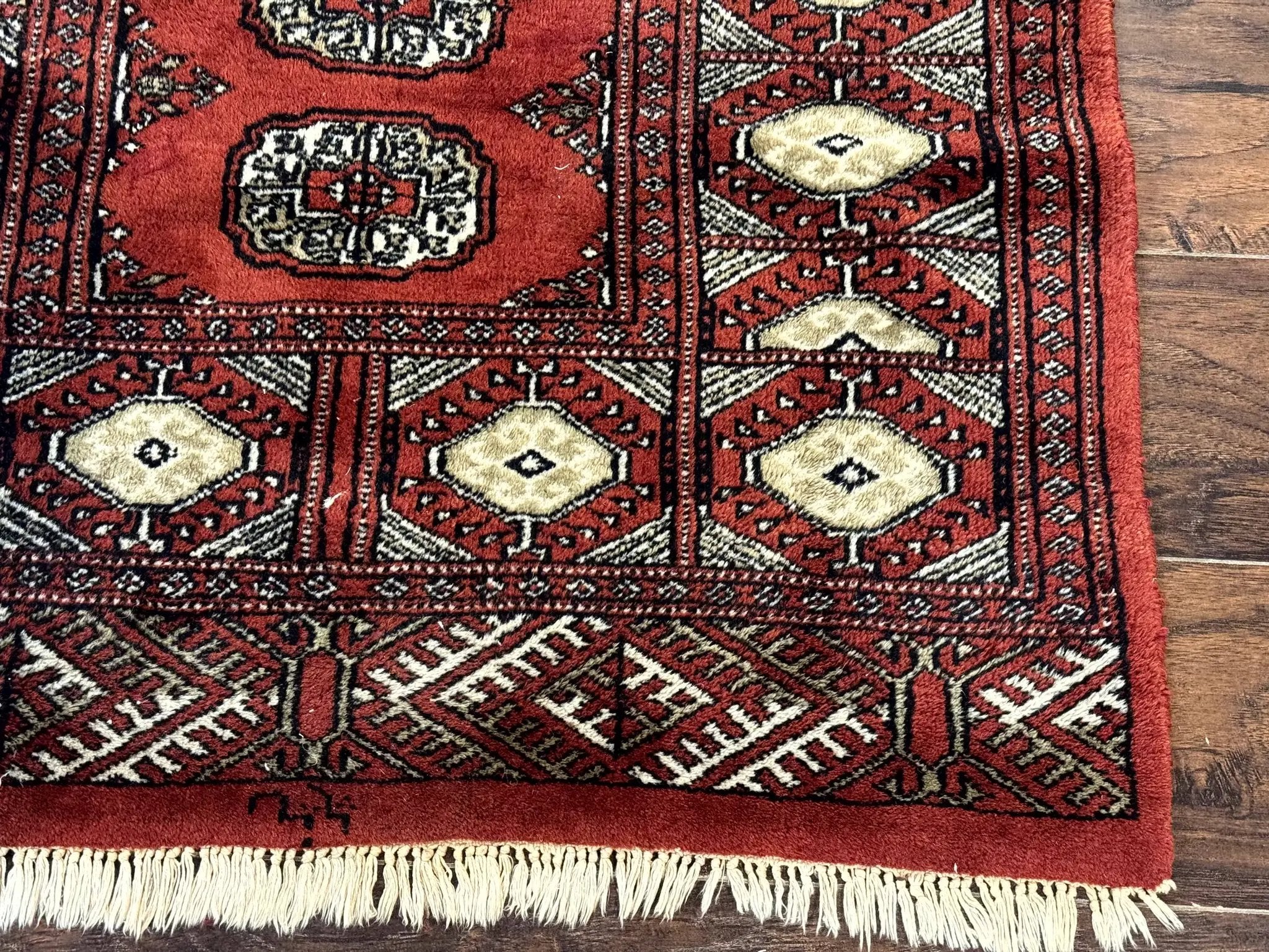 Red Pakistani Turkoman Rug 3x5, Bokhara Design, Vintage, Signed by Jewel Rugs
