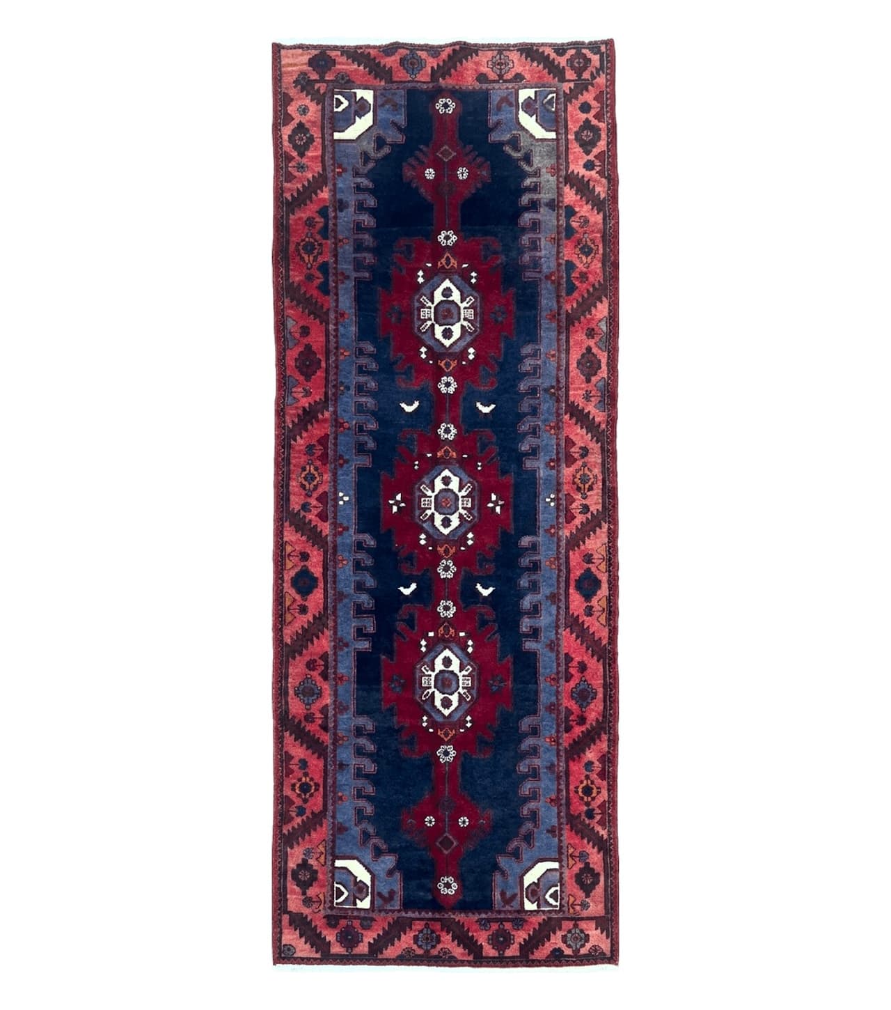 Persian Karajeh Runner Rug 3.6 x 9.5, Geometric Medallions, Tribal Village Rug, Navy Blue, Handmade by Jewel Rugs