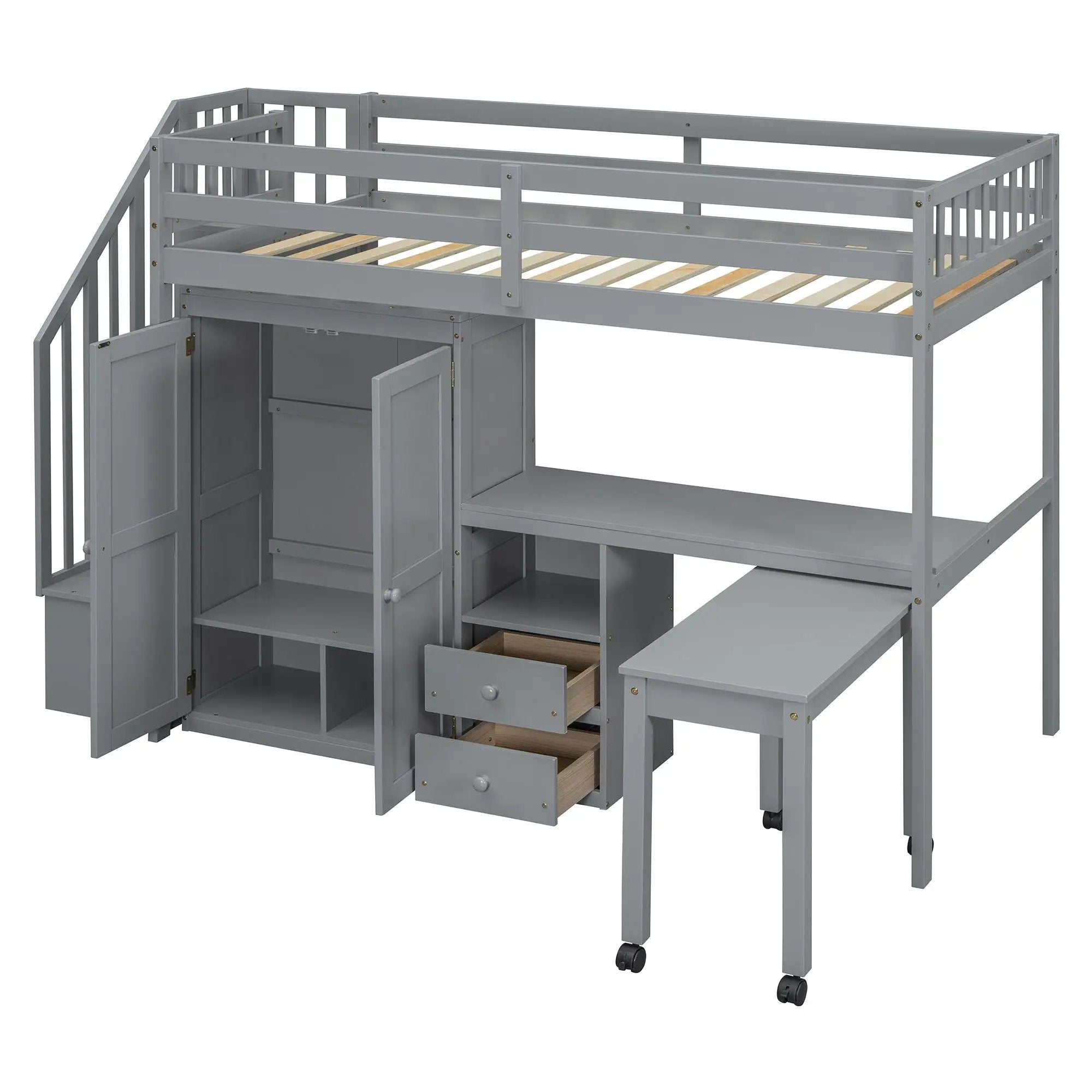 Loft Bed With Stairs, Bookshelf, Drawers, Desk & Wardrobe, Space Saving Multifunctional Furniture by HouseOfZazla