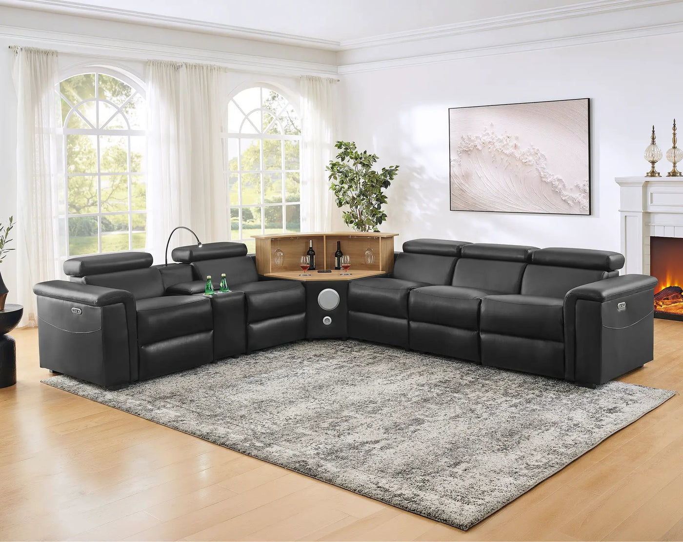 5-Seater Air Leather L-Shaped Powered Recliner Sofa Set with Motorized Lift Cabinet by HouseOfZazla