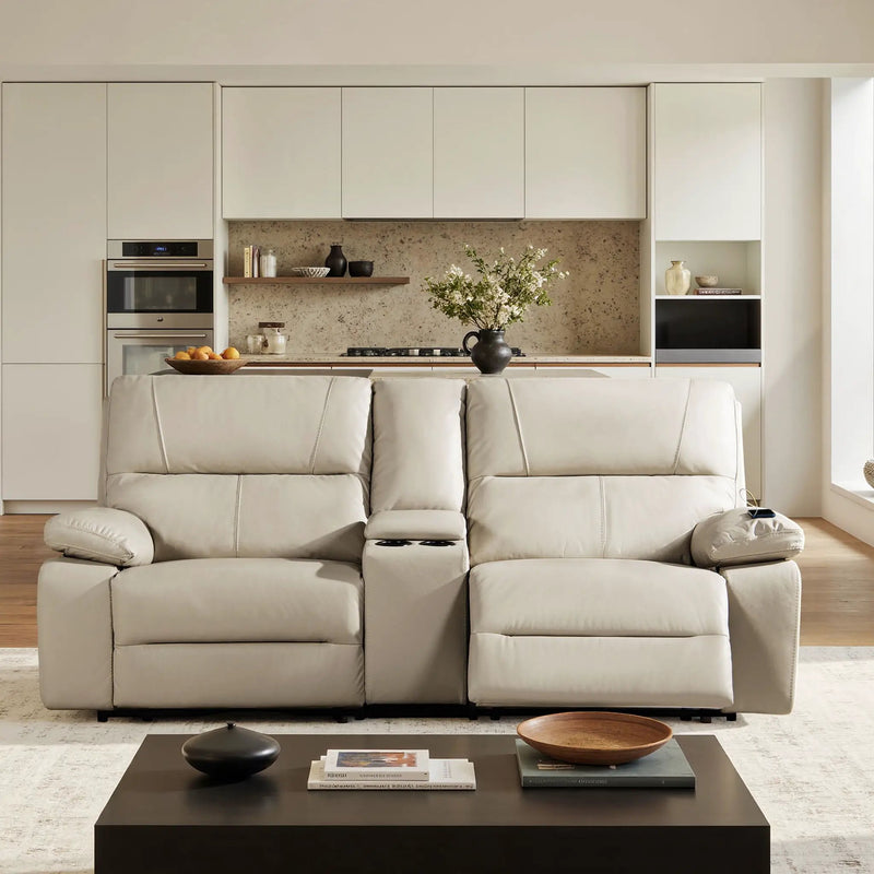Malibu - Modern Power Motion 3 Piece Reclining Loveseat Sofa With Cup Holders - Cream Taupe Beige by HouseOfZazla