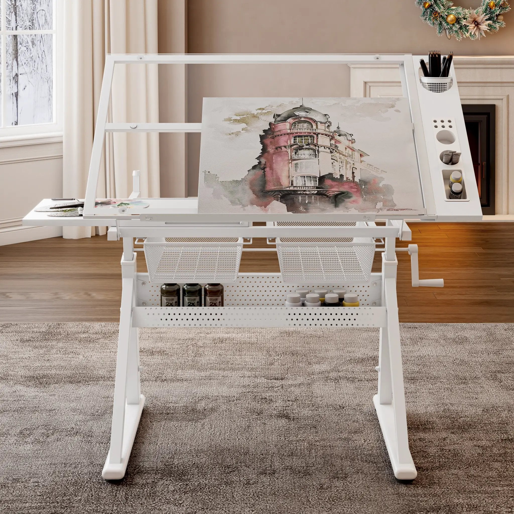 Hand Crank Adjustable Tempered Glass Drafting Table with Chair by HouseOfZazla