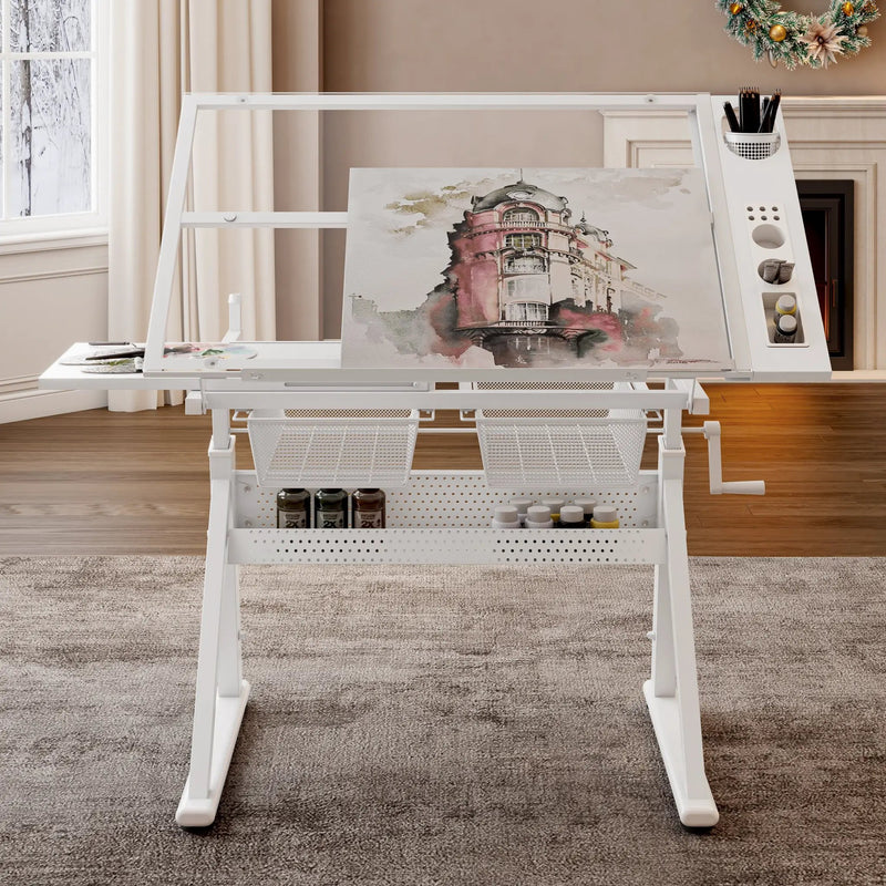 Hand Crank Adjustable Tempered Glass Drafting Table with Chair by HouseOfZazla
