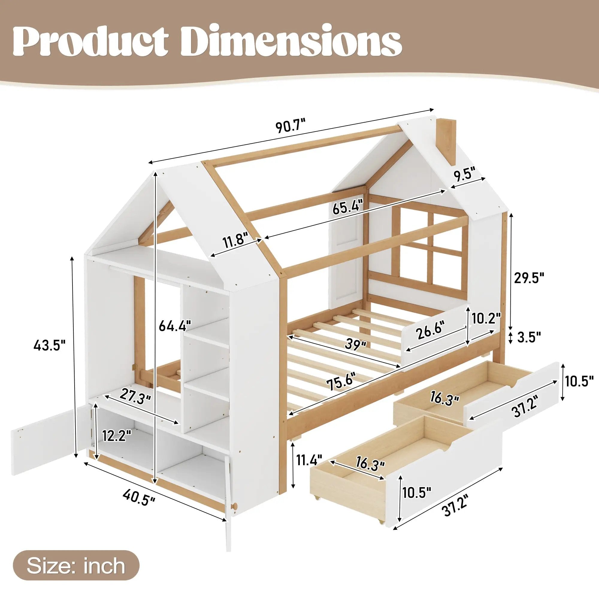 Twin Size House Platform Bed with Drawers, Solid Wood House Bed with Shelves by HouseOfZazla