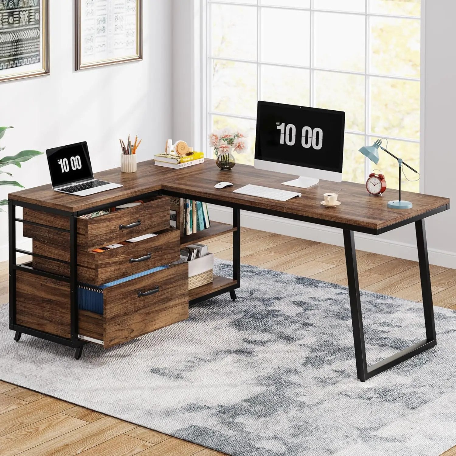 L-Shaped Computer Desk With 3 Drawers and Storage Shelves by HouseOfZazla