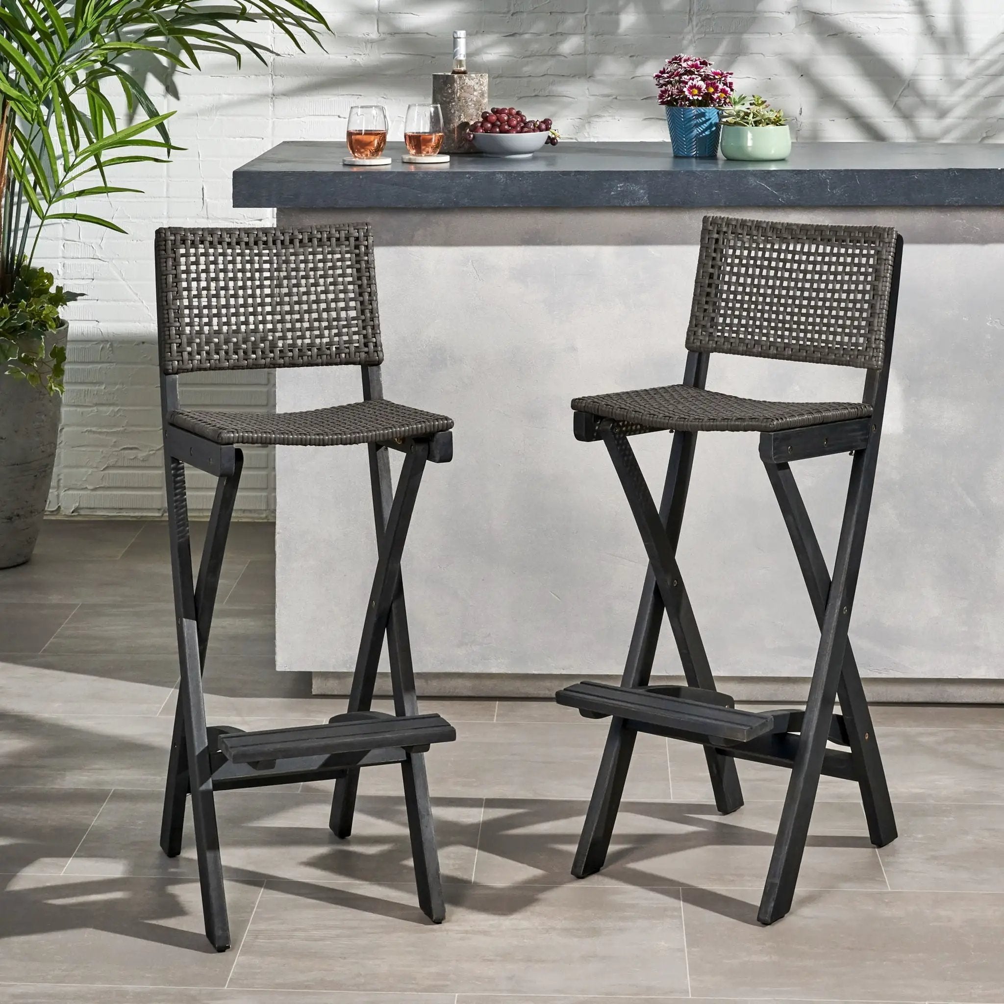 Outdoor Folding Acacia Wood Barstools With Rattan Backrest And Seat by HouseOfZazla
