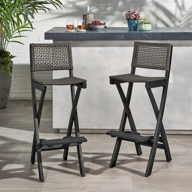 Outdoor Folding Acacia Wood Barstools With Rattan Backrest And Seat by HouseOfZazla