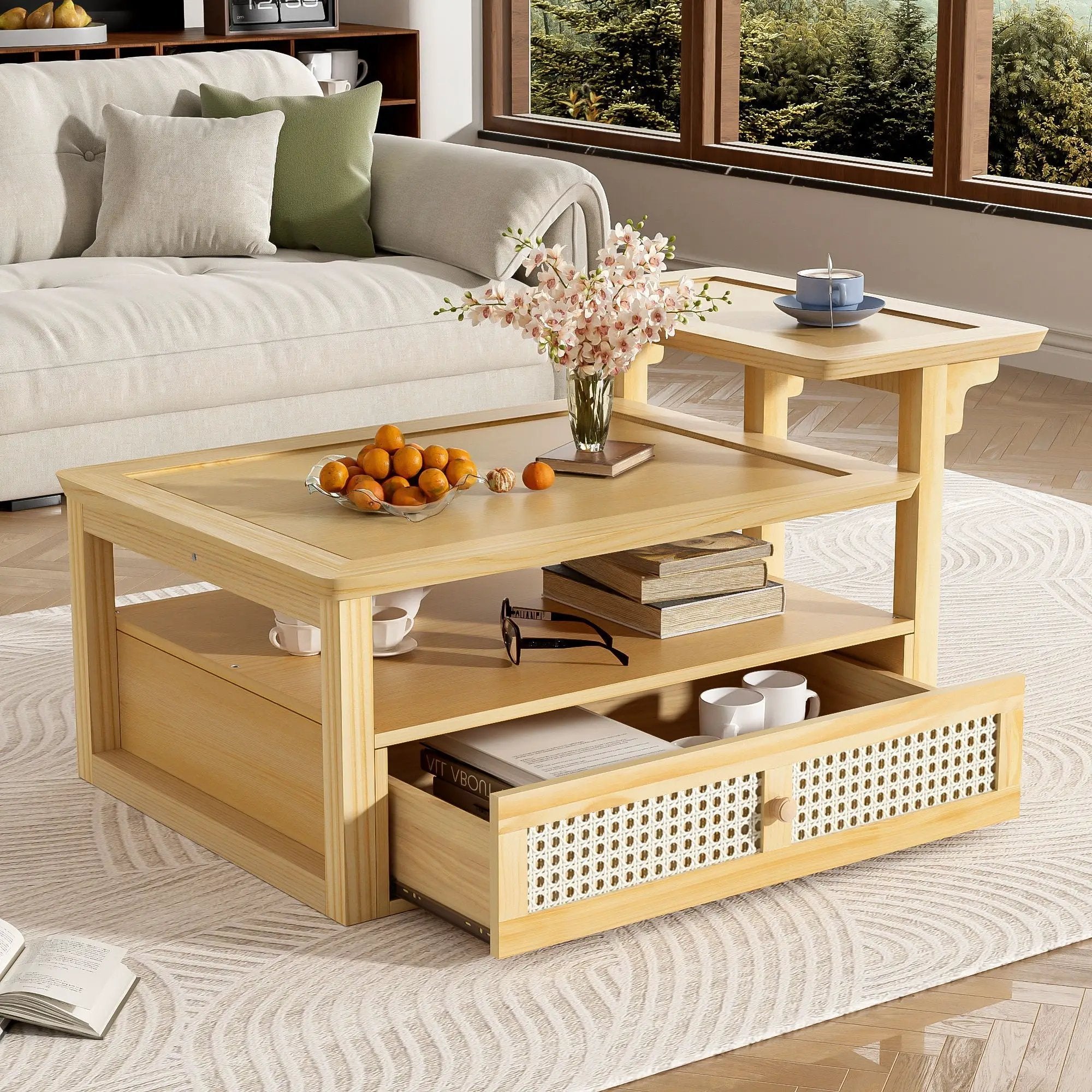 Coffee Table With 1 Storage Shelf, 2 Tabletops And 1 Rattan Drawer by HouseOfZazla