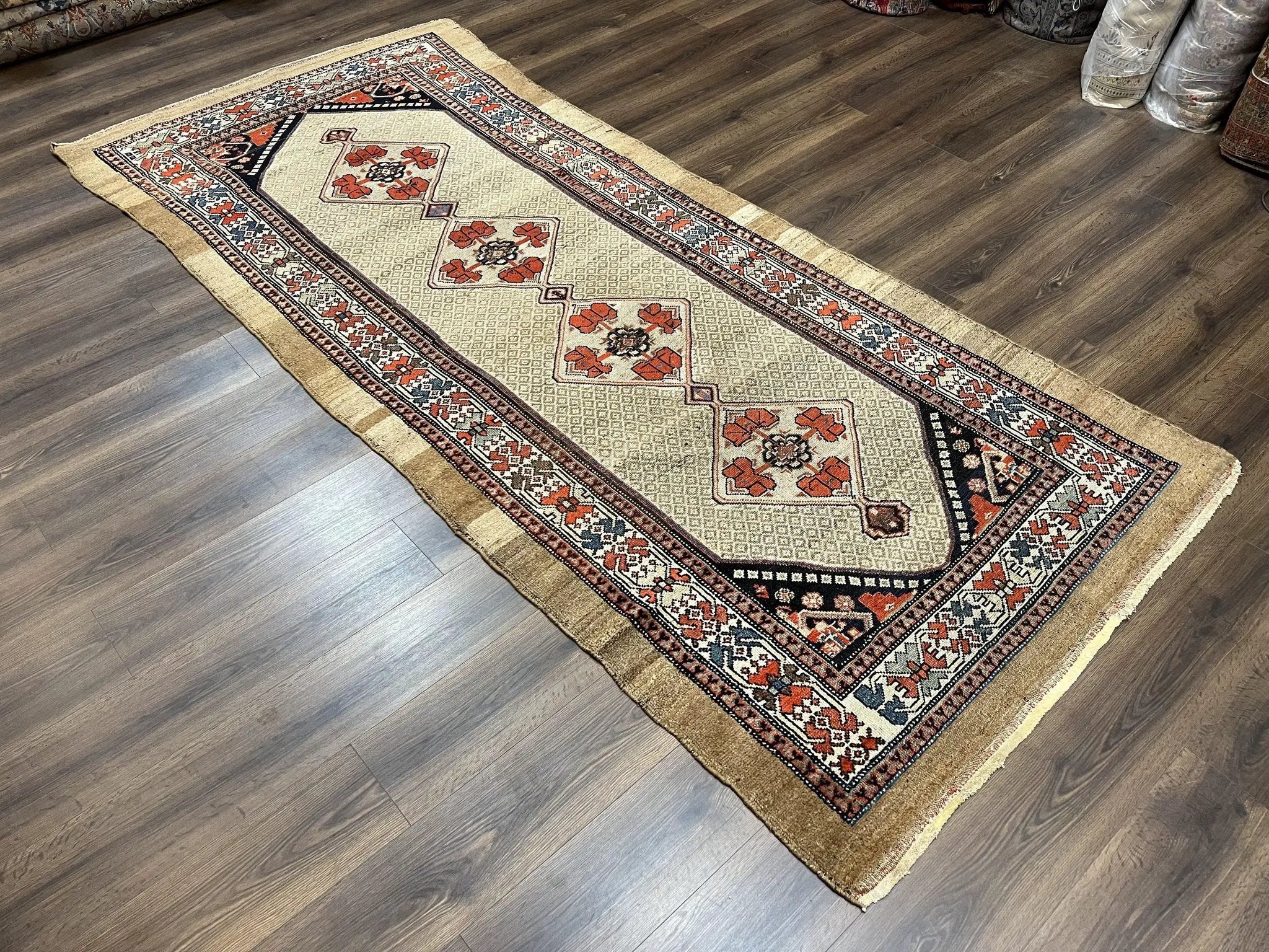 Rare Persian Sarab Tribal Runner Rug 4 x 10, Antique, Geometric Medallions, Camel Hair Runner by Jewel Rugs