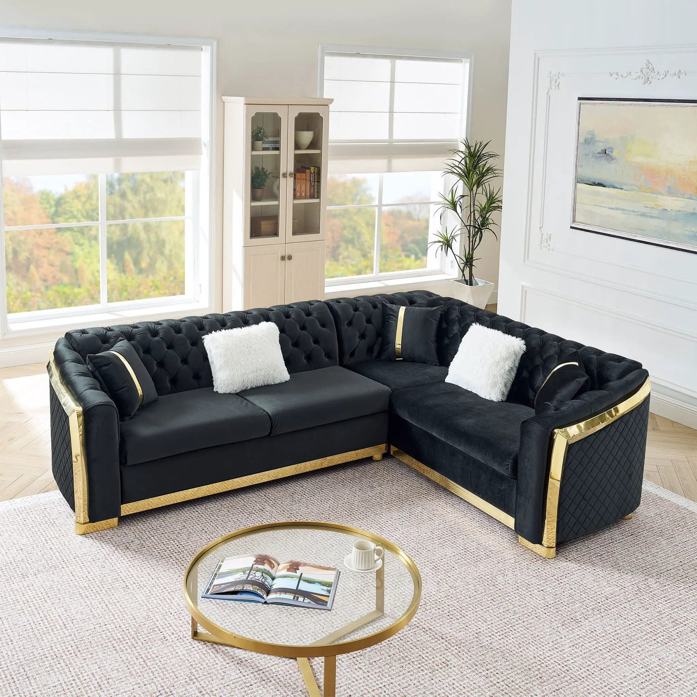 L Shaped Chesterfield Sectional Sofa With Stainless Steel Accents by Unique Piece Furniture