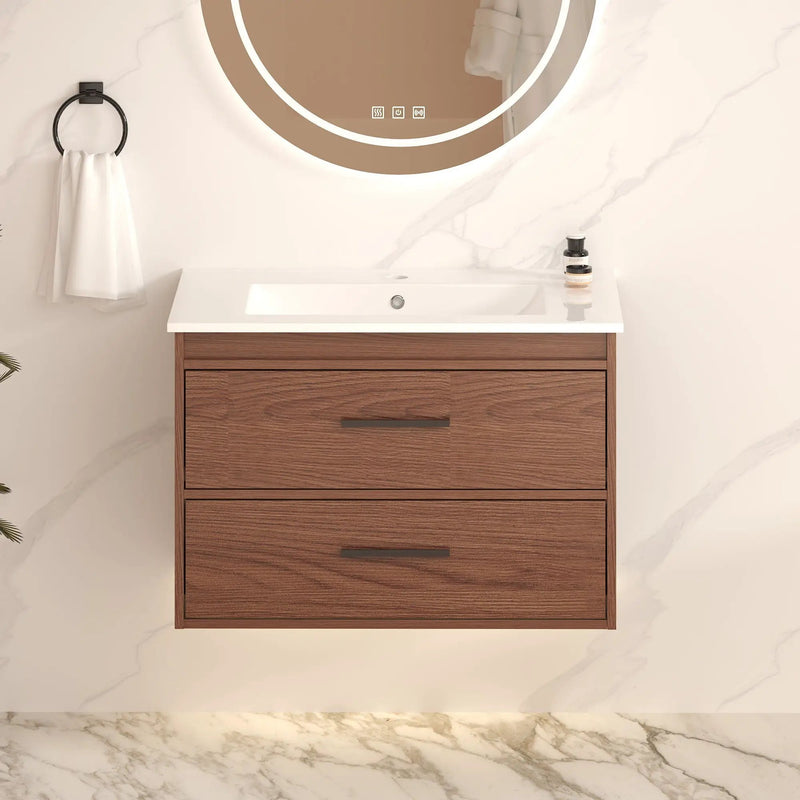 Wall Mounting Bathroom Vanity With Soft Close 2 Drawer, Sink - Reddish Brown by Unique Piece Furniture