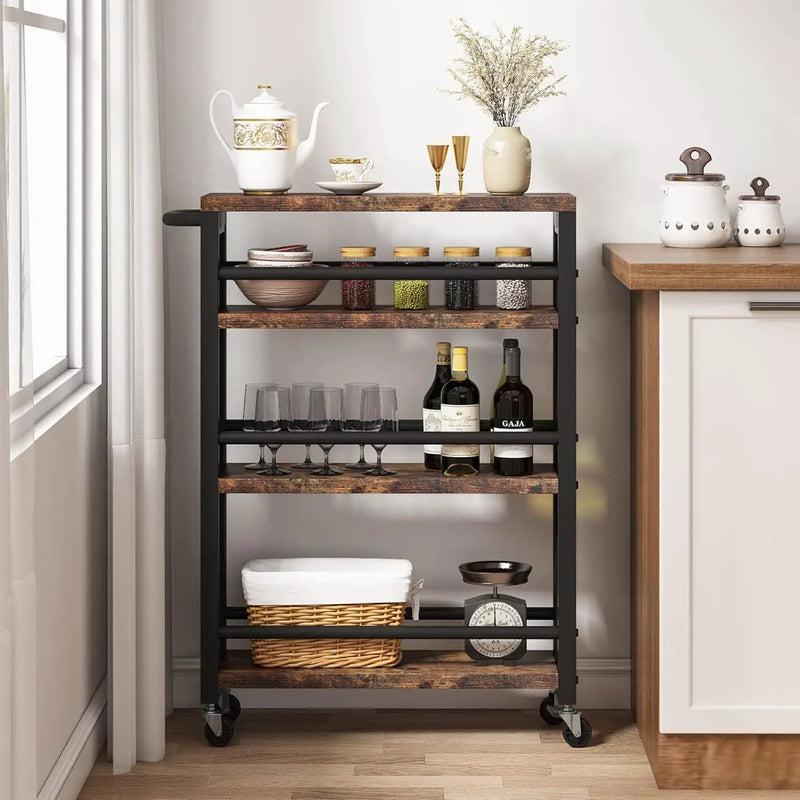 Slim 4 Tier Rolling Utility Cart With Wheels, Narrow Kitchen Storage Trolley - Brown / Black