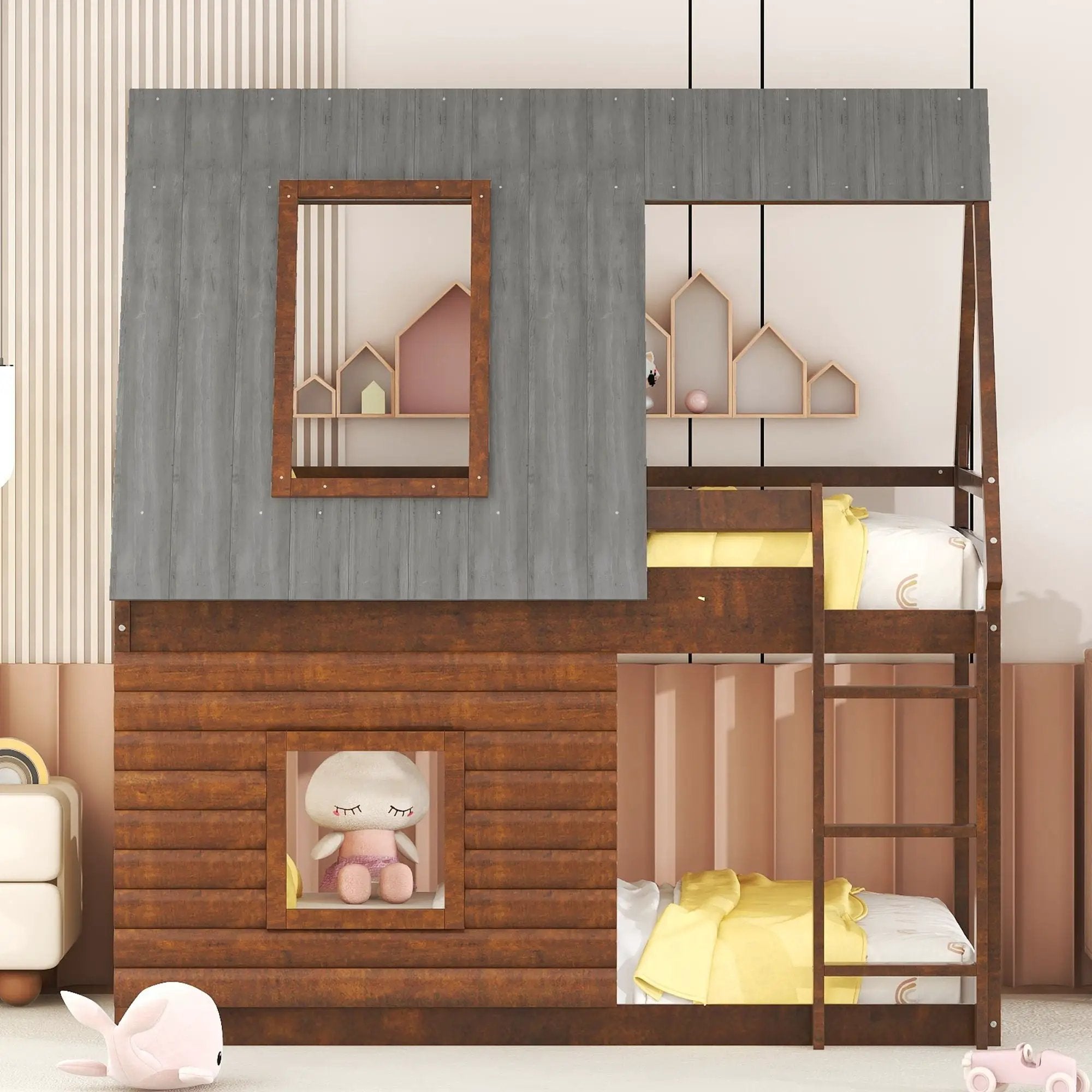 Wood Twin Size House Bunk Bed With Roof, Ladder And 2 Windows - Oak & Smoky Gray by HouseOfZazla
