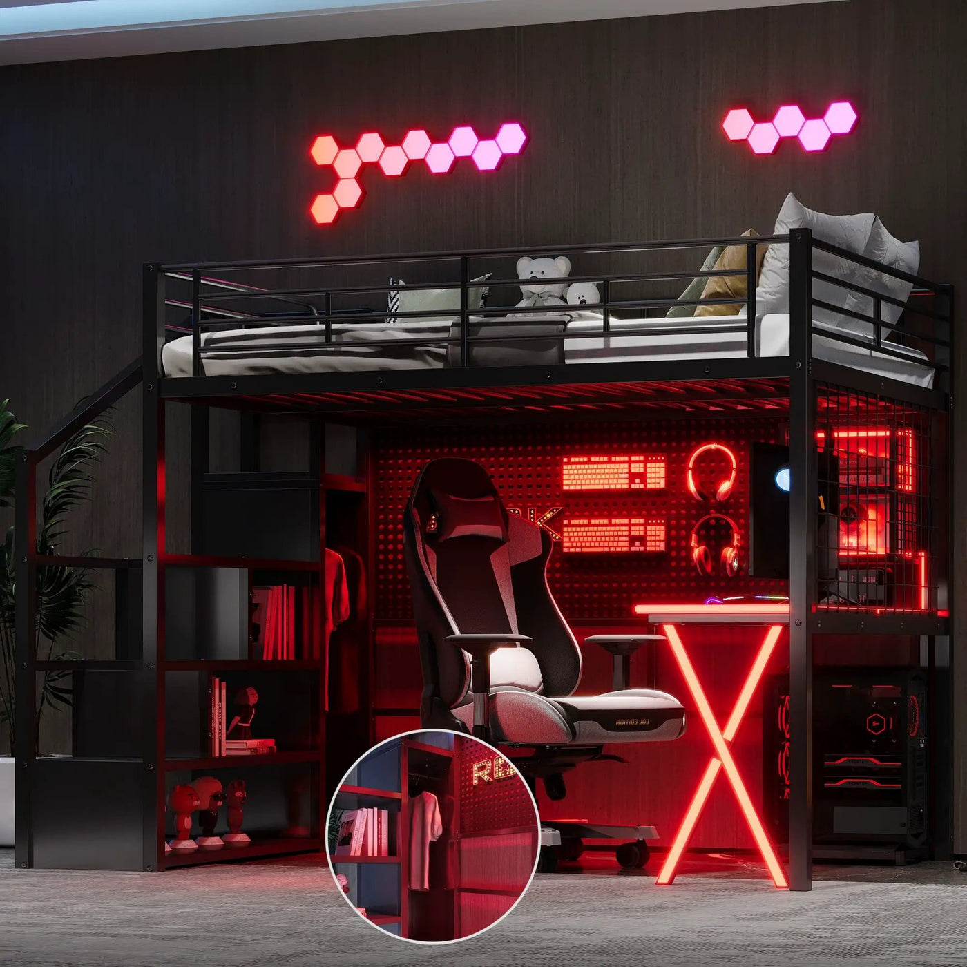Loft Bed With Built In Work Station, Wardrobe, Storage Staircase And LED by Unique Piece Furniture