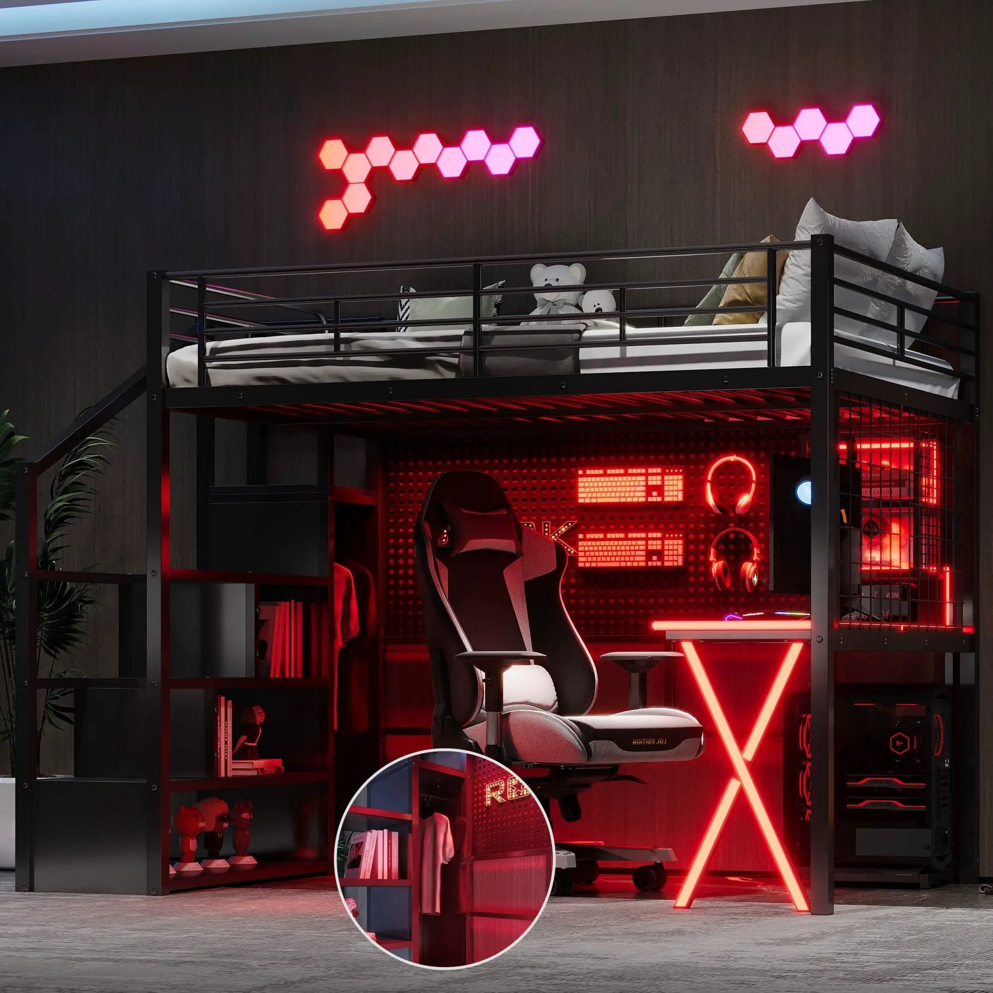 Loft Bed With Built In Work Station, Wardrobe, Storage Staircase And LED by Unique Piece Furniture