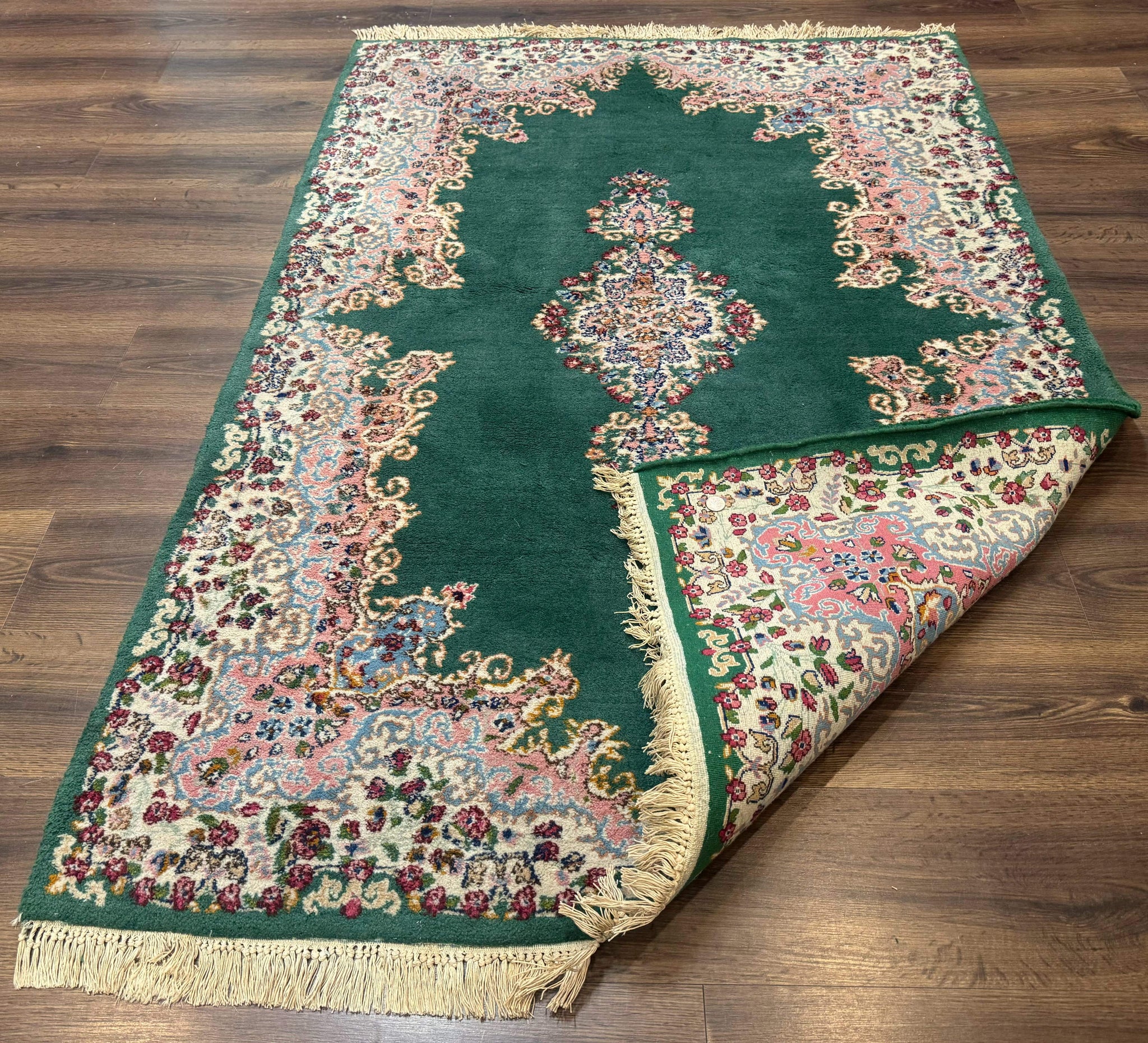 Persian Kerman Rug 4x6, Green Ivory Pink, Wool Vintage, Semi Open Field by Jewel Rugs