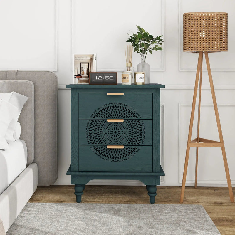 Hollow Carved 3 Drawer Dresser With Metal Handles, Storage Chest For Living Room Or Bedroom - Blackish Green by Unique Piece Furniture
