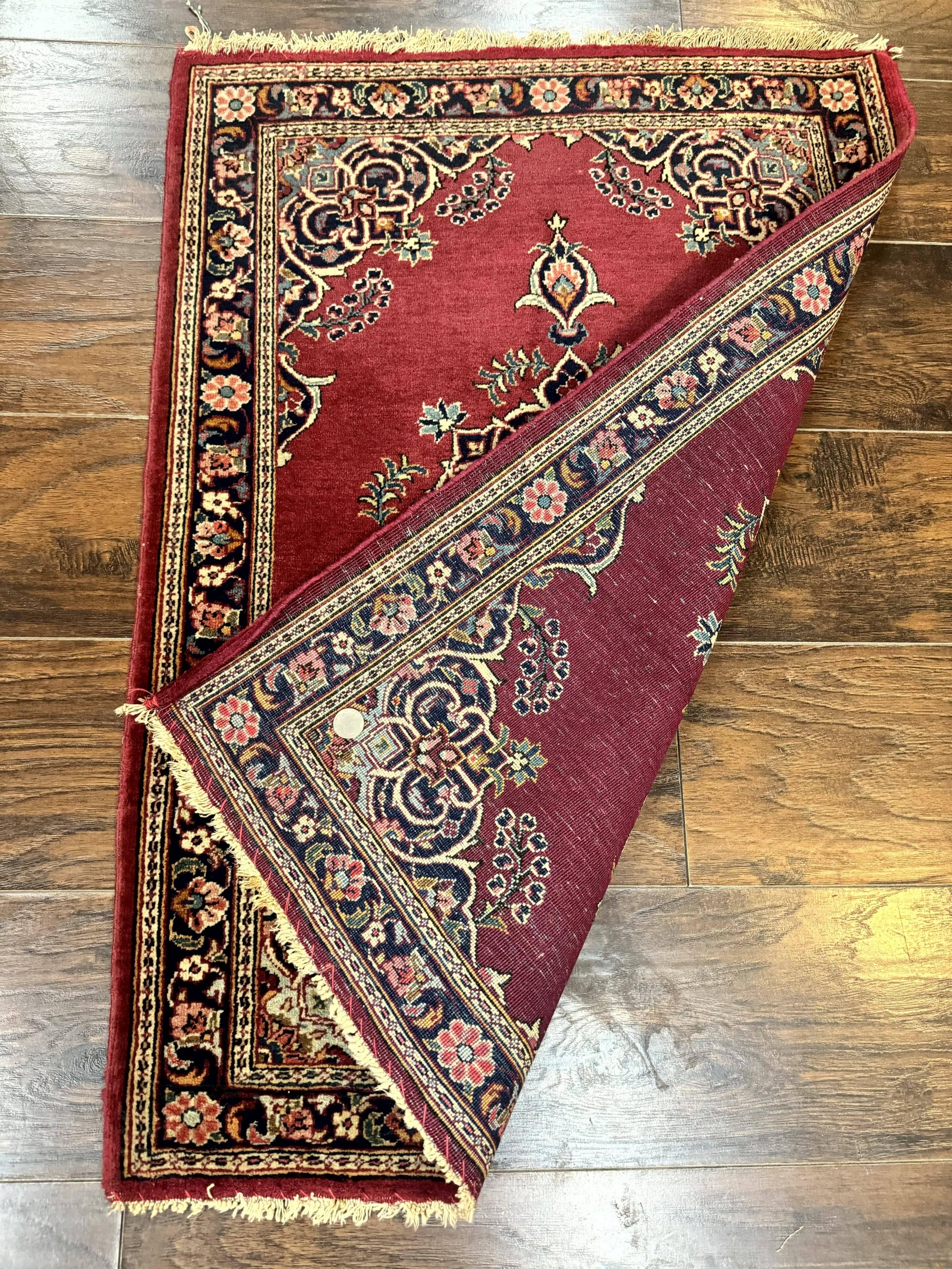 Small Persian Kashan Rug 2x3, Red and Navy Blue, Handmade Vintage Wool Semi Antique Persian Carpet, Semi Open Field by Jewel Rugs