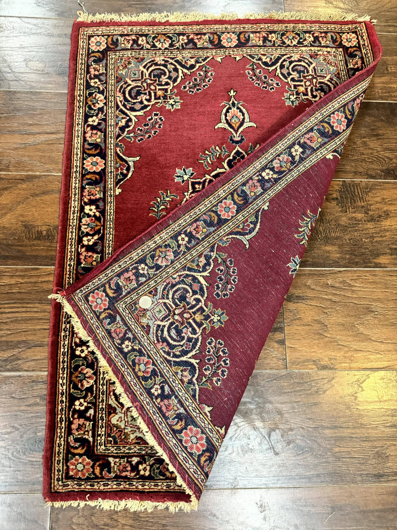 Small Persian Kashan Rug 2x3, Red and Navy Blue, Handmade Vintage Wool Semi Antique Persian Carpet, Semi Open Field by Jewel Rugs