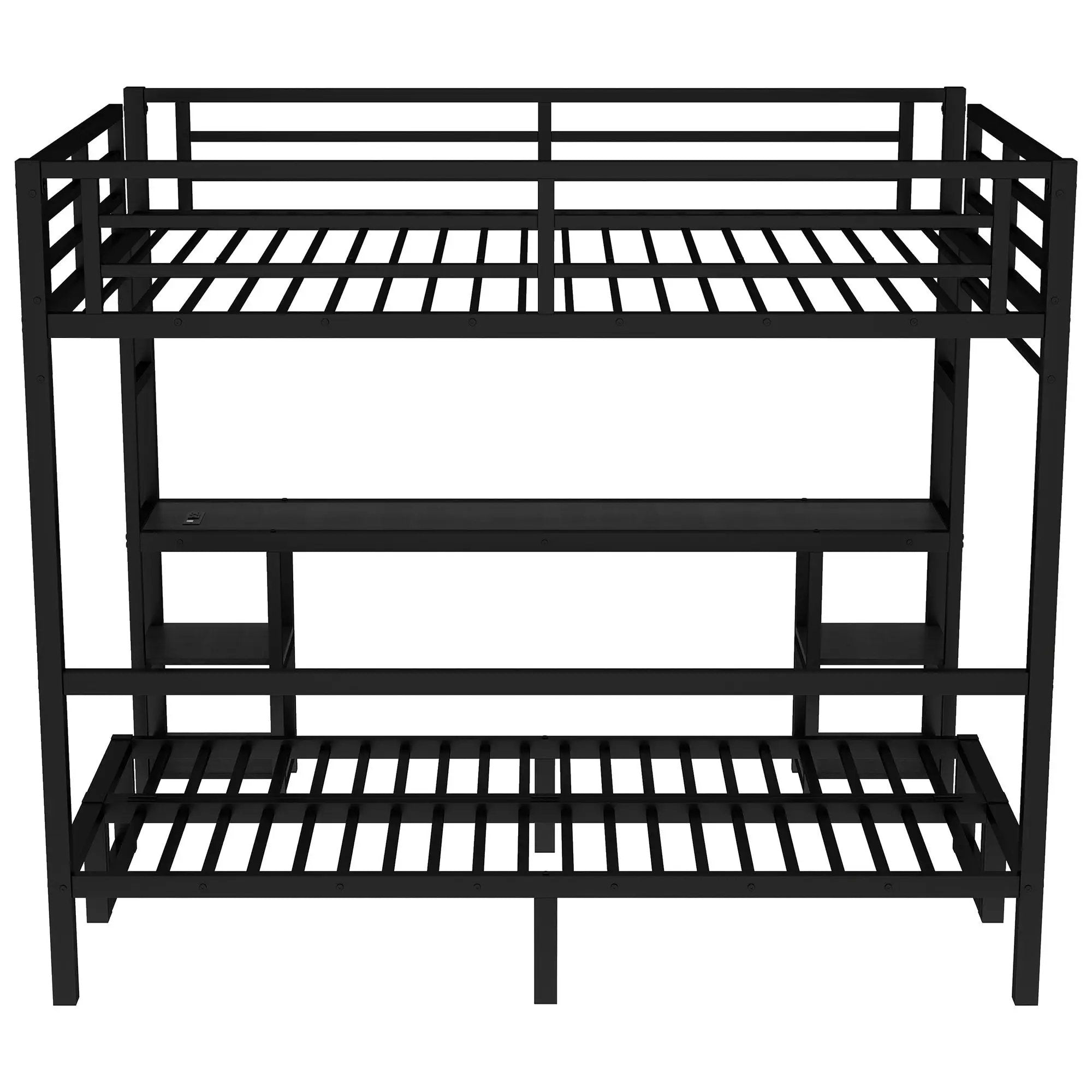 Queen Over Twin XL Metal Bunk Bed with Desk and Shelves by HouseOfZazla