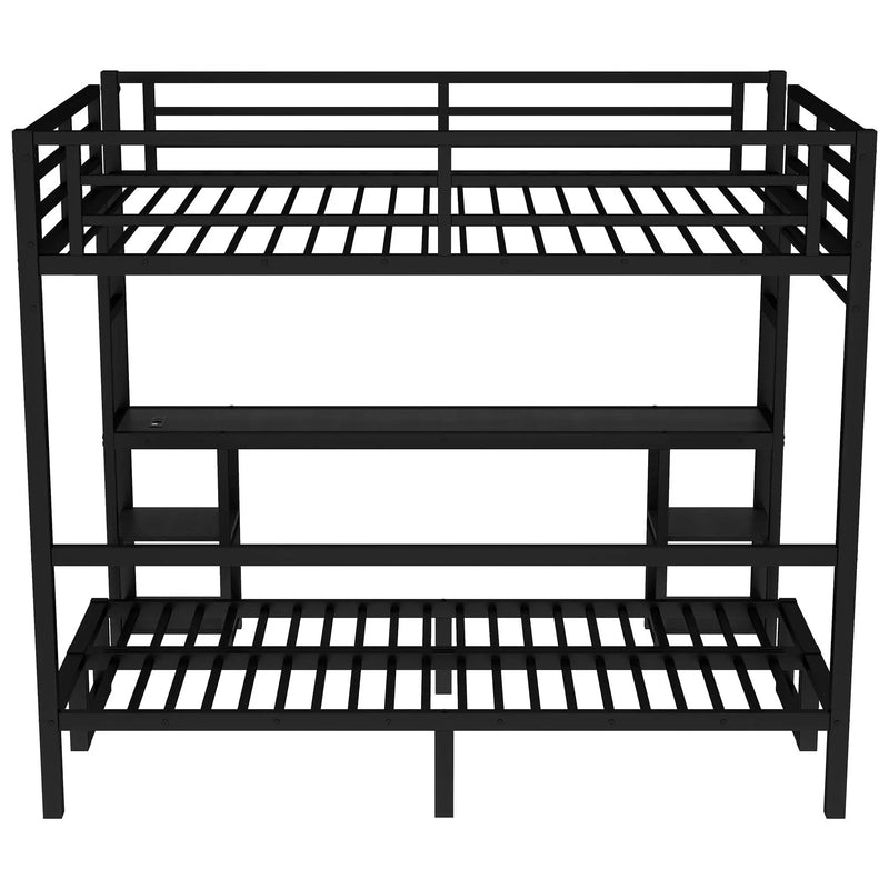 Queen Over Twin XL Metal Bunk Bed with Desk and Shelves by HouseOfZazla