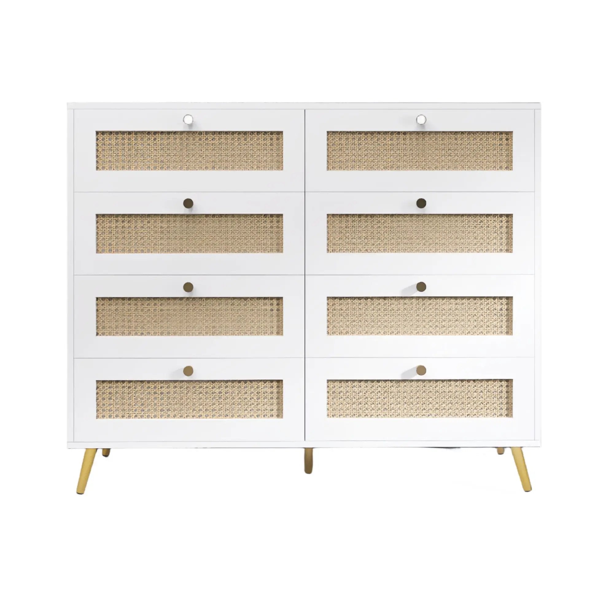 8 Drawers Chest Of Drawers With Rattan Drawer Face Golden Legs And Handles - White by Unique Piece Furniture