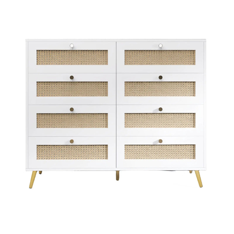 8 Drawers Chest Of Drawers With Rattan Drawer Face Golden Legs And Handles - White by Unique Piece Furniture