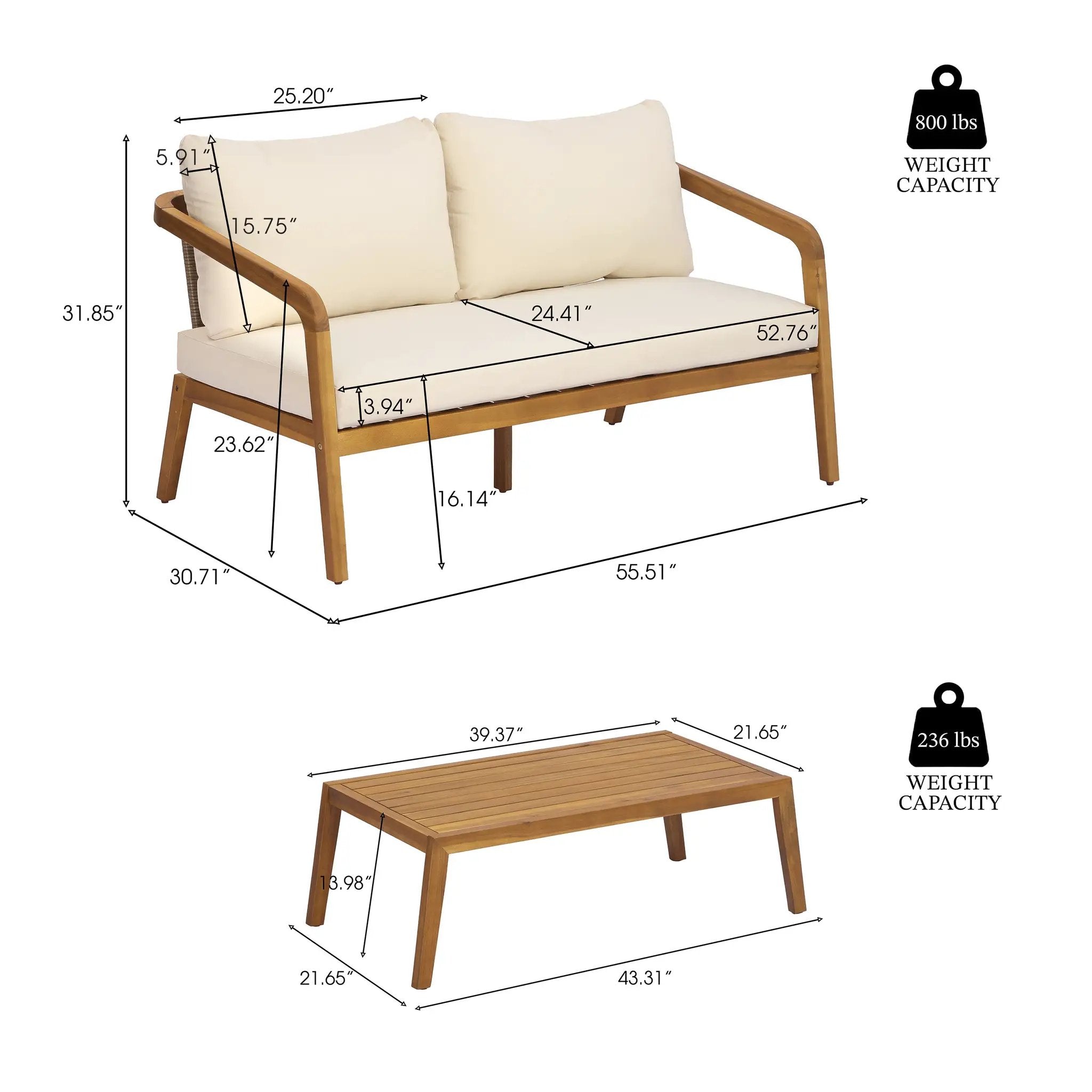 2-Piece Outdoor Loveseat & Coffee Table Set Acacia Wood Frame with PE Wicker Back & Water-Resistant Cushions by HouseOfZazla