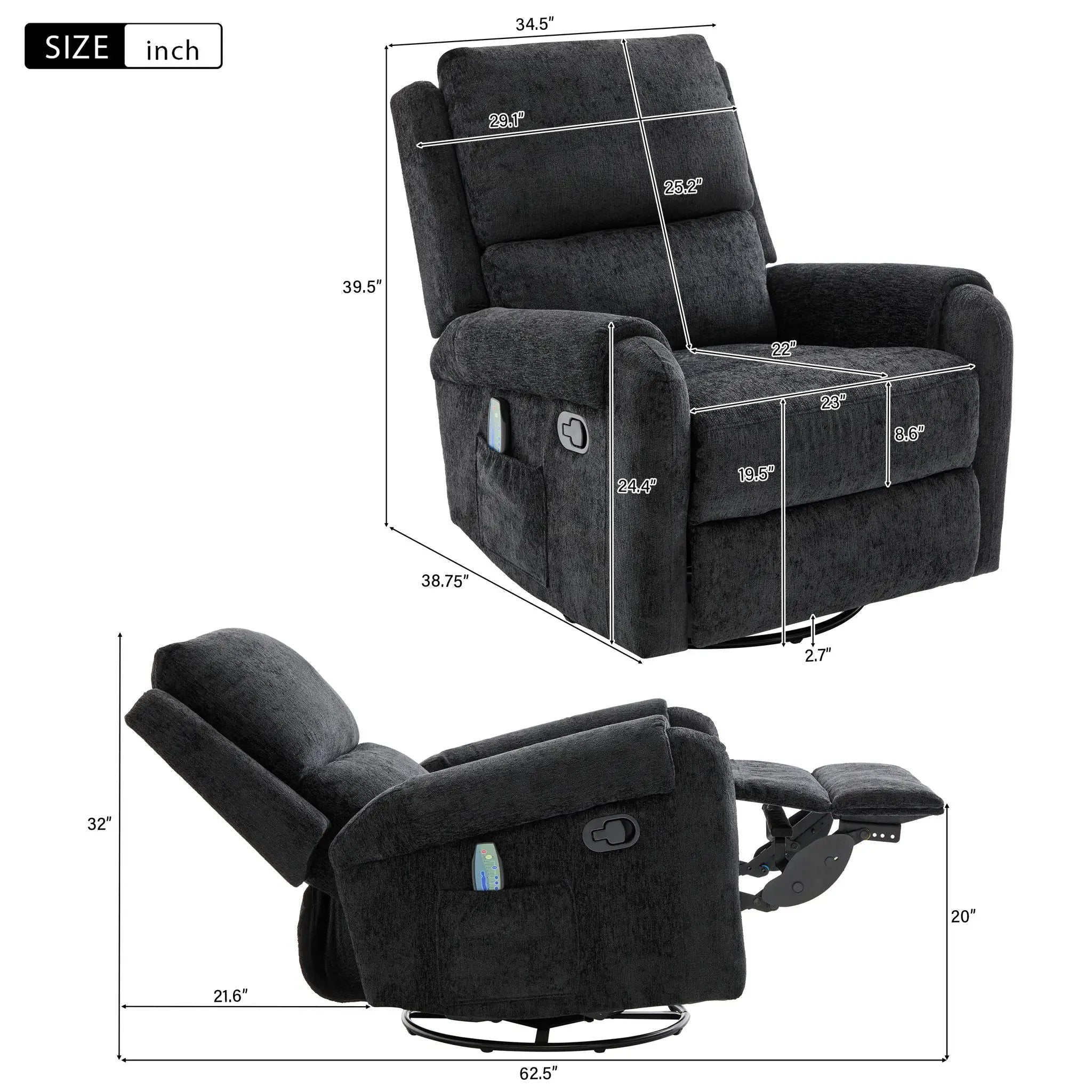 Manual Recliner Massage Chair With Swivel Rocker, 8 Massage Modes, Side Storage Pocket by Unique Piece Furniture
