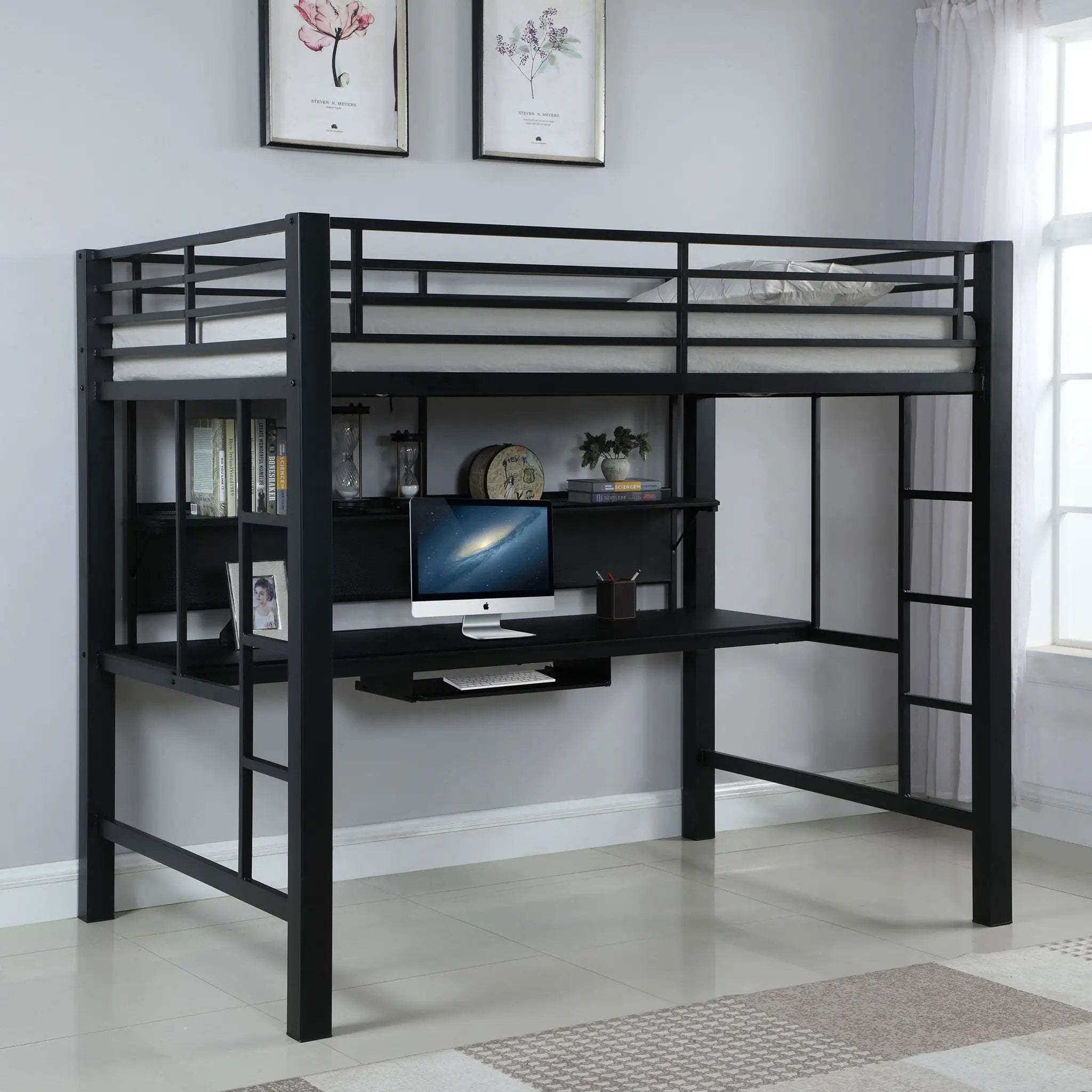 Ranier - Full Workstation Loft Bed, Full Length Desk, Safety Rails And Storage Shelves - Black by HouseOfZazla