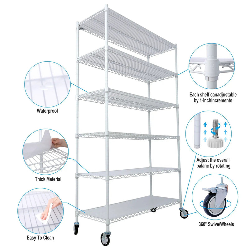 6 Tier 6000Lbs Capacity Nsf Metal Shelf Wire Shelving Unit, Heavy Duty Adjustable Storage Rack With Wheels & Shelf Liners For Commercial Grade Utility Steel Storage Rack by Unique Piece Furniture