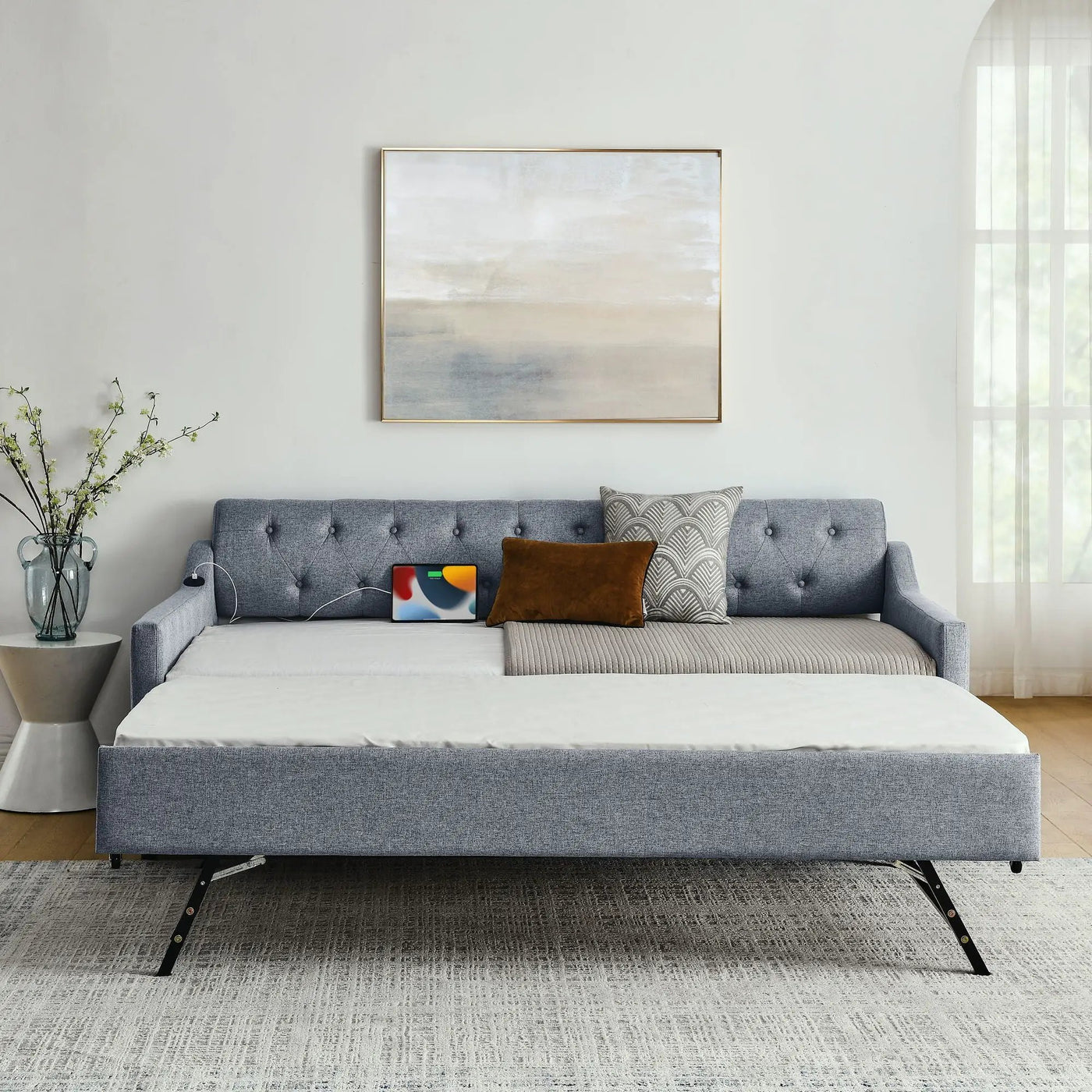 Size Upholstered Daybed With Trundle And USB Charging Armrest by Unique Piece Furniture