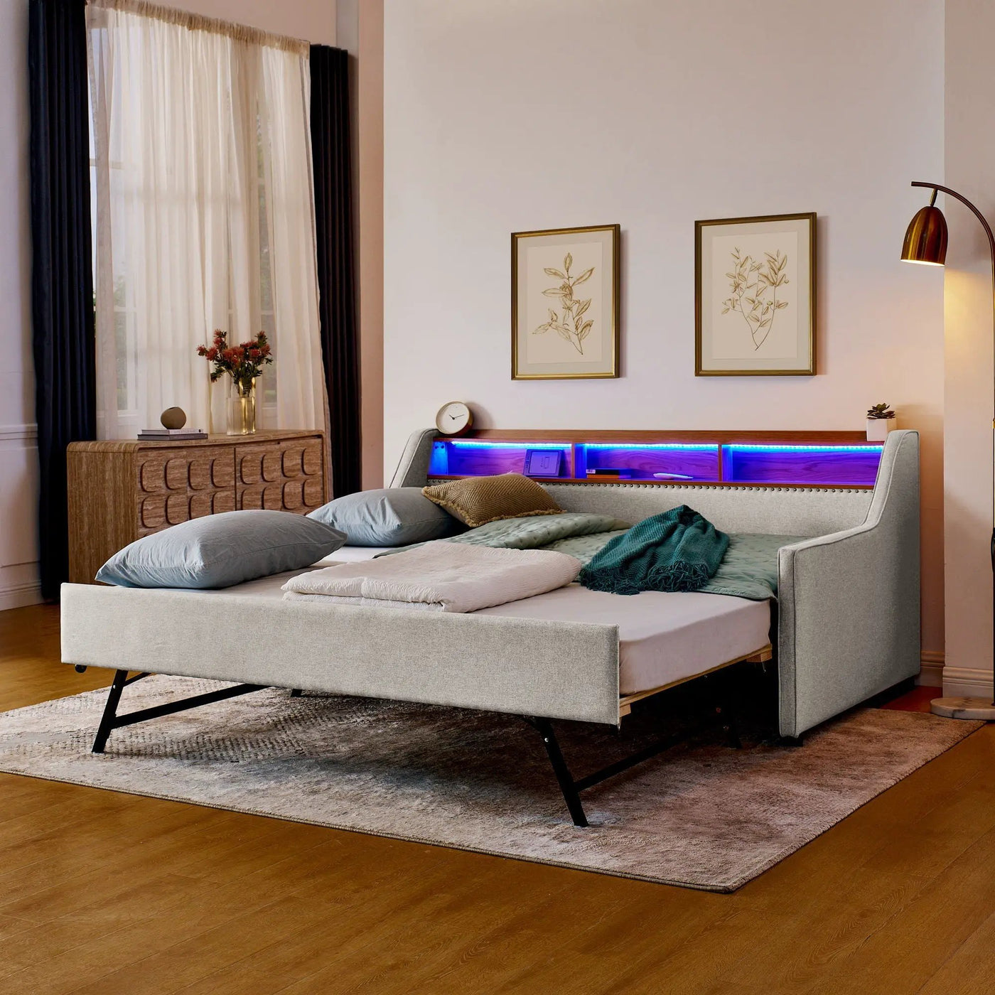 Upholstered Sofa Bed With LED Lights, Storage Headboard, Foldable Trundle & Wireless Charging by HouseOfZazla