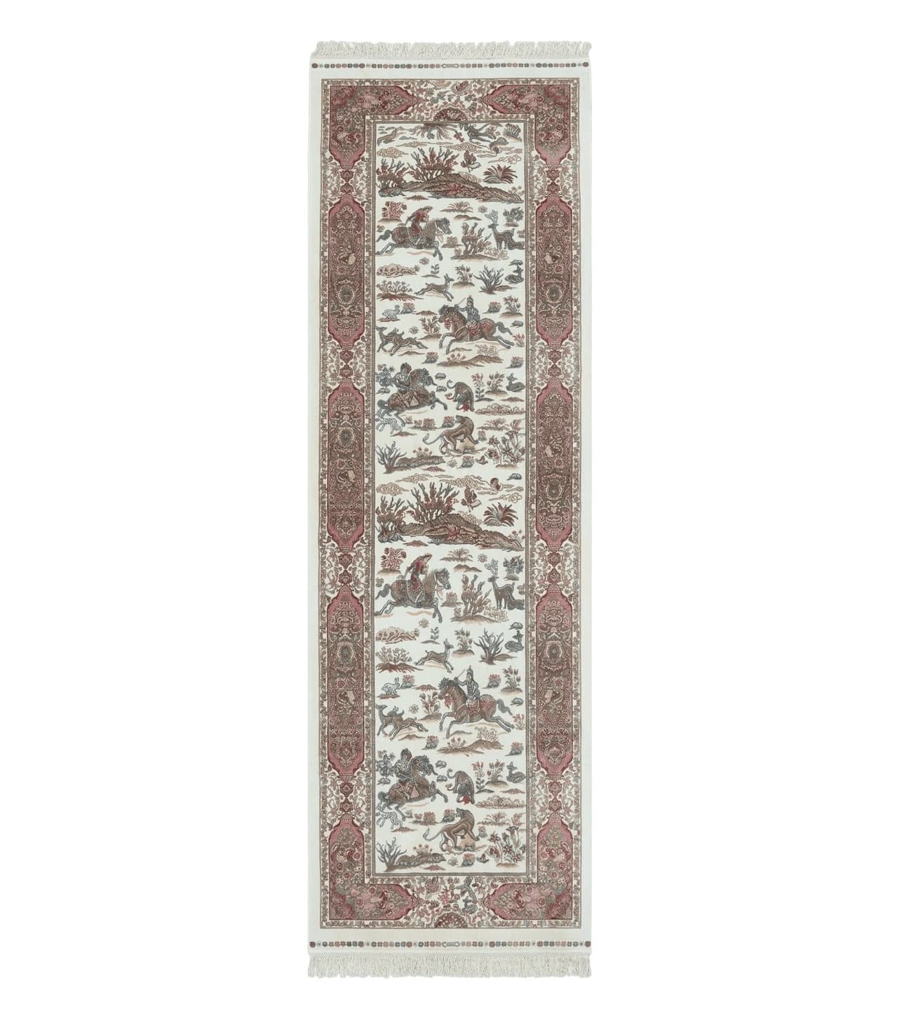 Turkish Silk Runner Rug 2.6 x 8, Hunting Design, Ivory, Bamboo Silk, New by Jewel Rugs