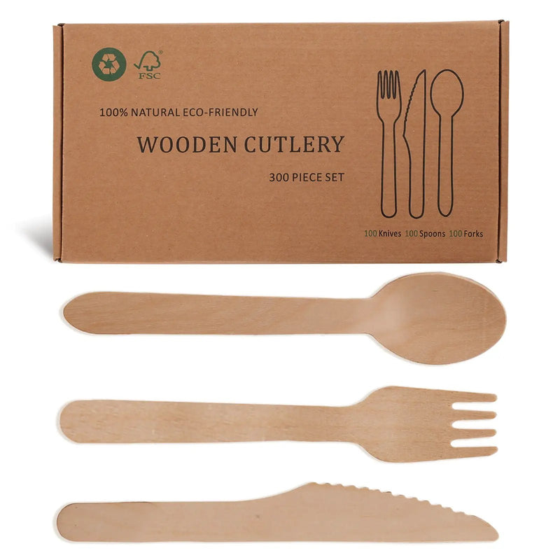 Wooden Compostable Utensils Set 300 Pieces 100 Forks 100 Spoons 100 Knives Sturdy Wood Disposable Cutlery Eco Friendly Biodegradable Utensils For Party Free From Plastic Cutlery Set For Eating - Natural Wood by HouseOfZazla