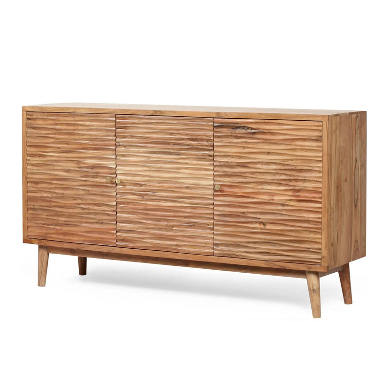 Boho Handcrafted 3 Door Sideboard, Carved Texture & Artisanal Charm - Natural by HouseOfZazla
