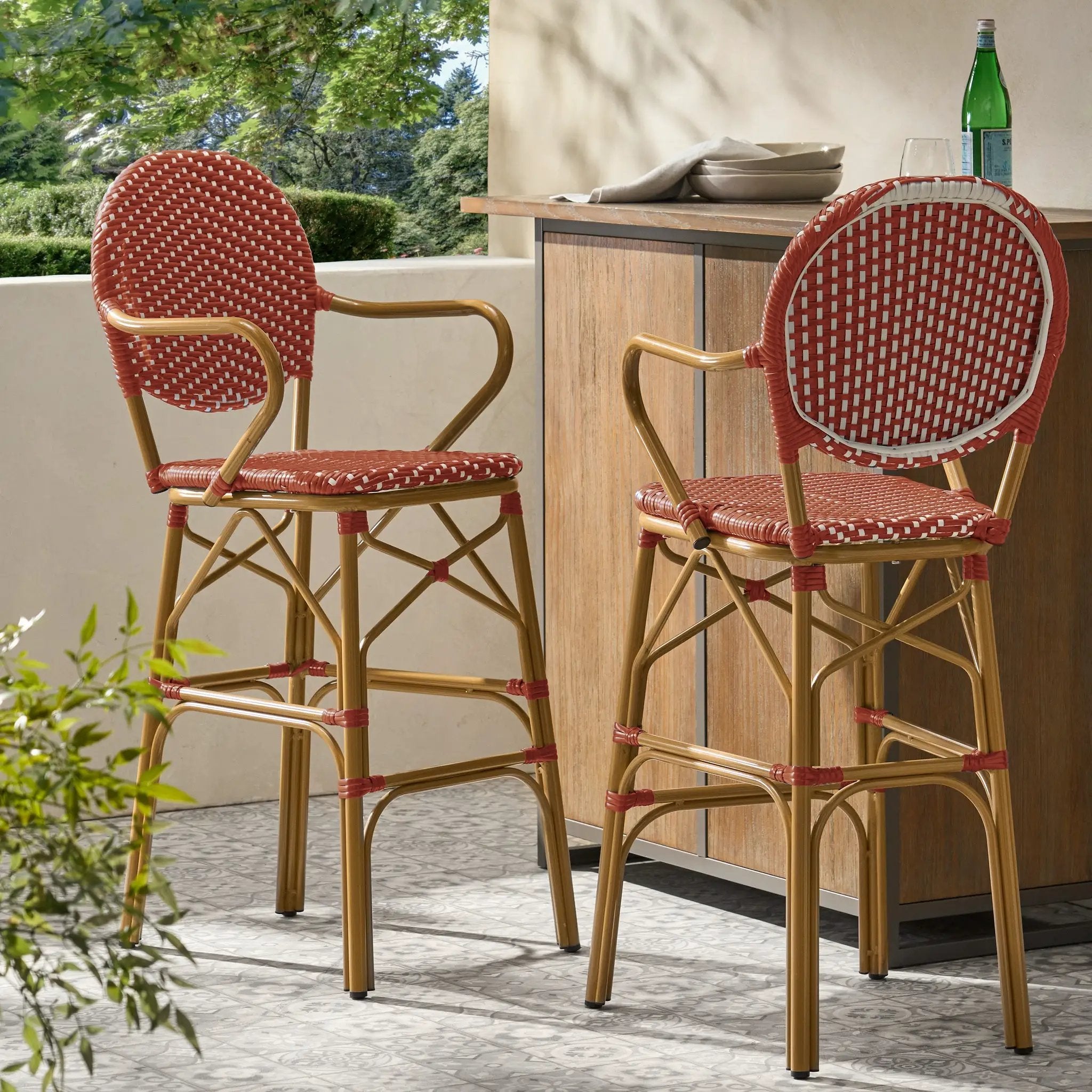 Outdoor Wicker and Aluminum French Barstools, Set of 2 by HouseOfZazla